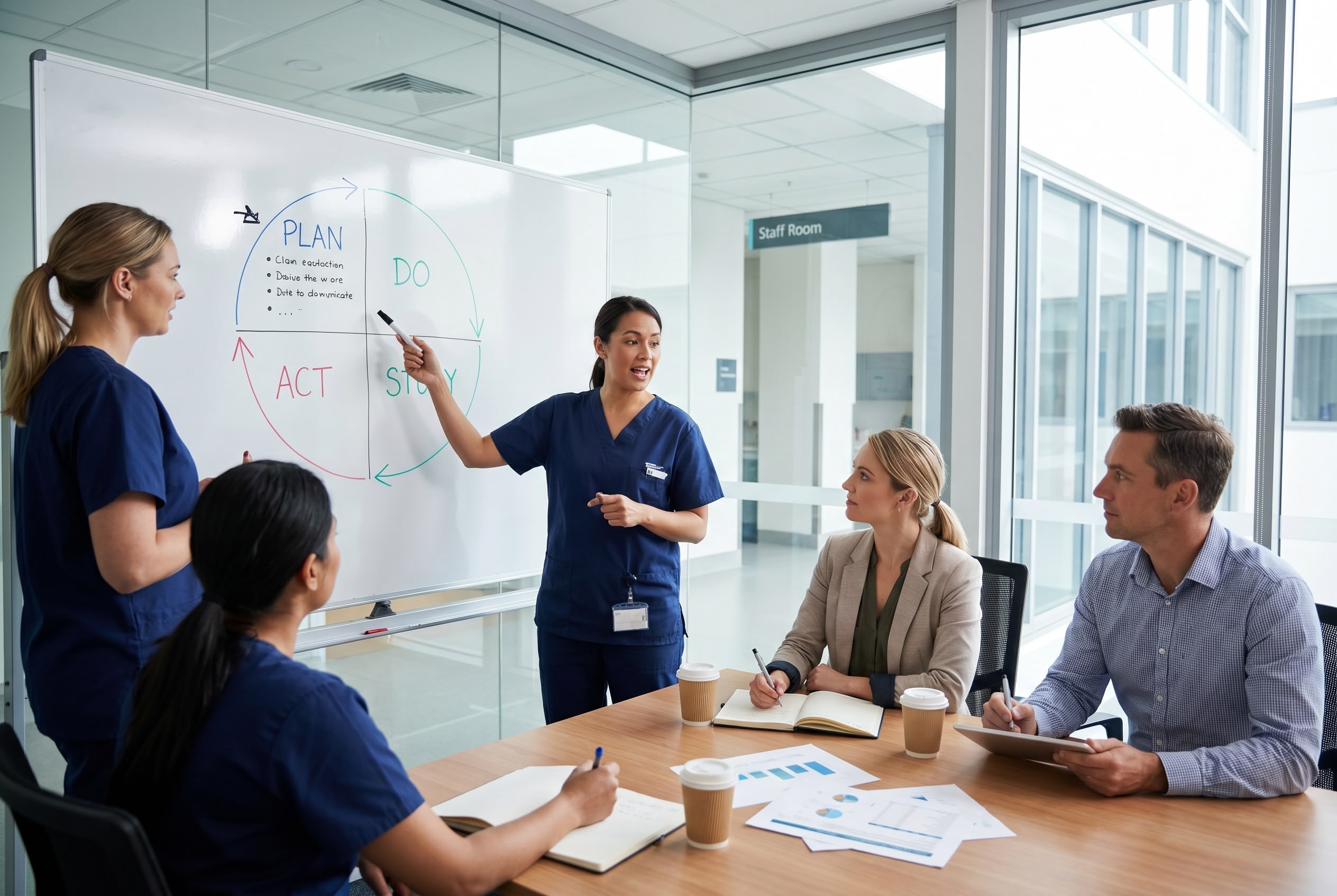 Australian healthcare quality improvement team gathered around a whiteboard with PDSA cycle diagram, multidisciplinary collaboration in modern hospital meeting room