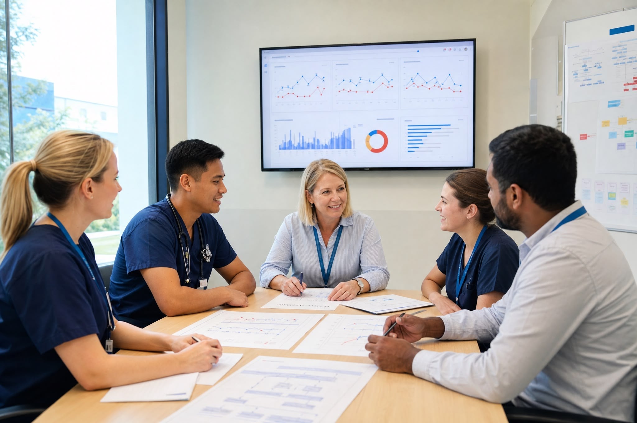 Quality improvement project management healthcare Australia , TalentMed Healthcare quality improvement team reviewing QI project dashboard in an Australian hospital , BSB50920 | TalentMed RTO 22151