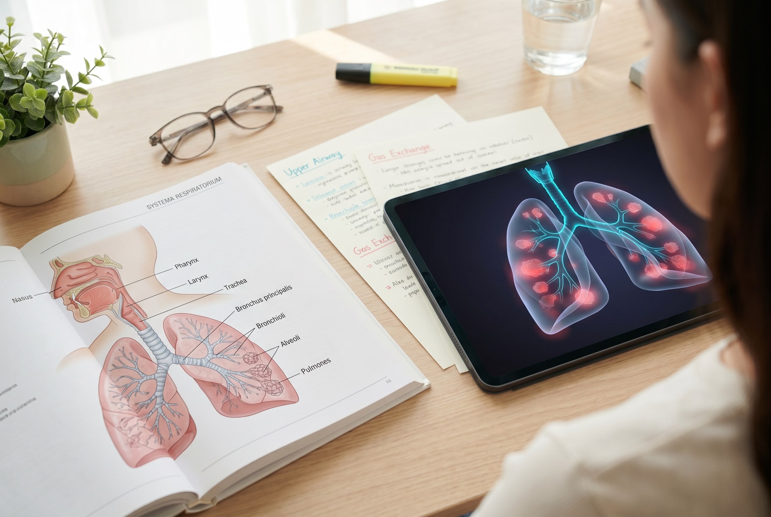 Respiratory system medical terminology study reference Open respiratory anatomy textbook with labelled diagram of nose, pharynx, larynx, trachea, bronchi and lungs alongside a tablet showing colour-coded airway reference and study notes for BSBMED301 medical terminology learners