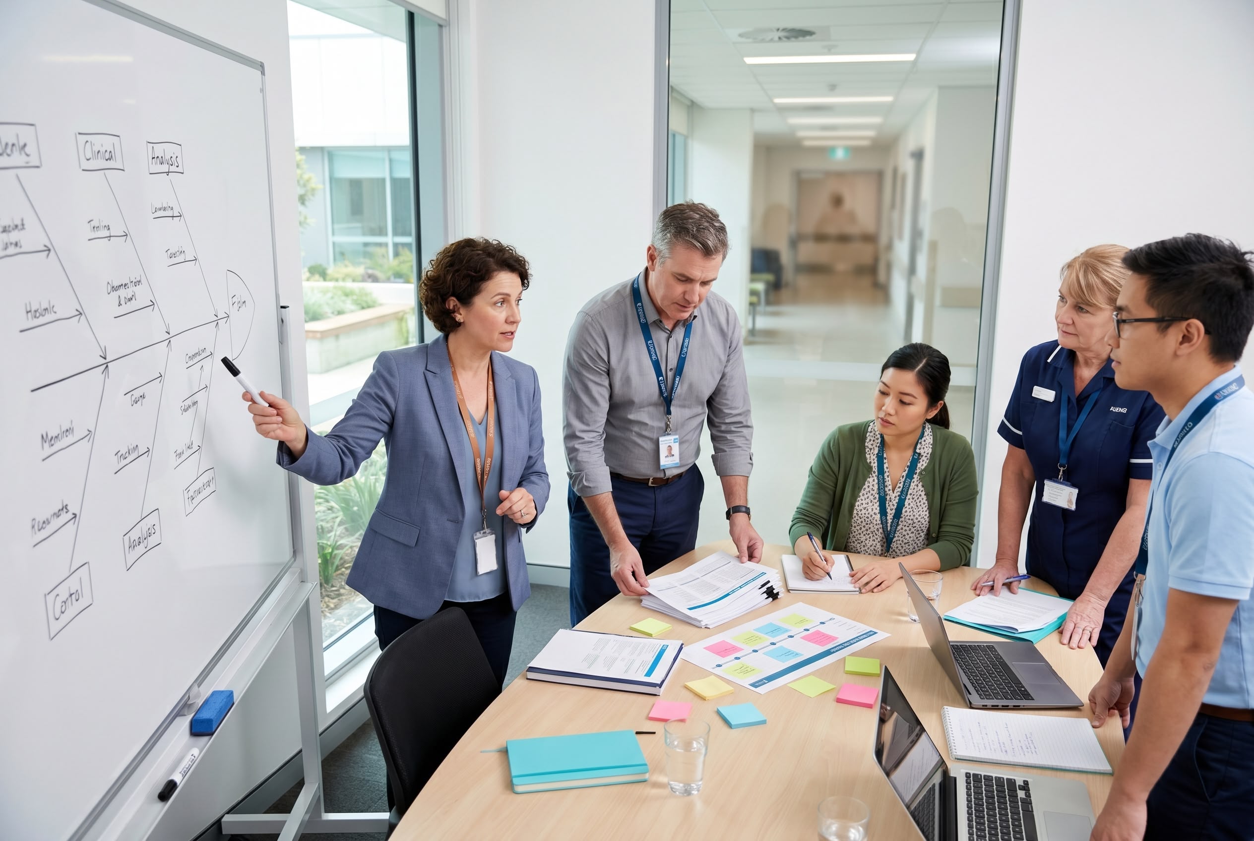 Australian multi-disciplinary clinical incident investigation team conducting root cause analysis with fishbone diagram on whiteboard