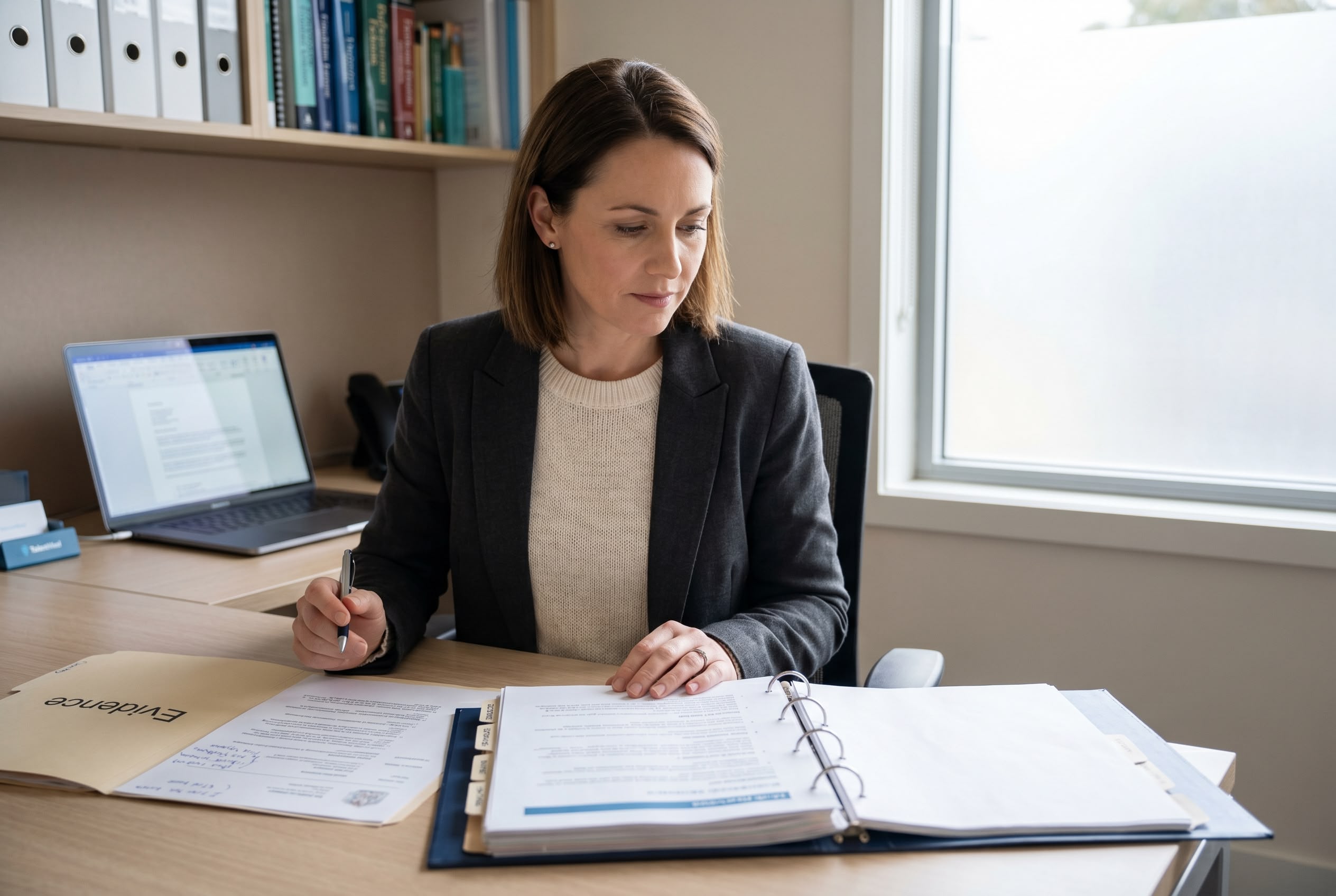 RPL pathway for experienced practice managers HLT57715 Experienced Australian practice manager reviewing her work portfolio and CV at her office desk, considering RPL recognition for the HLT57715 Diploma of Practice Management