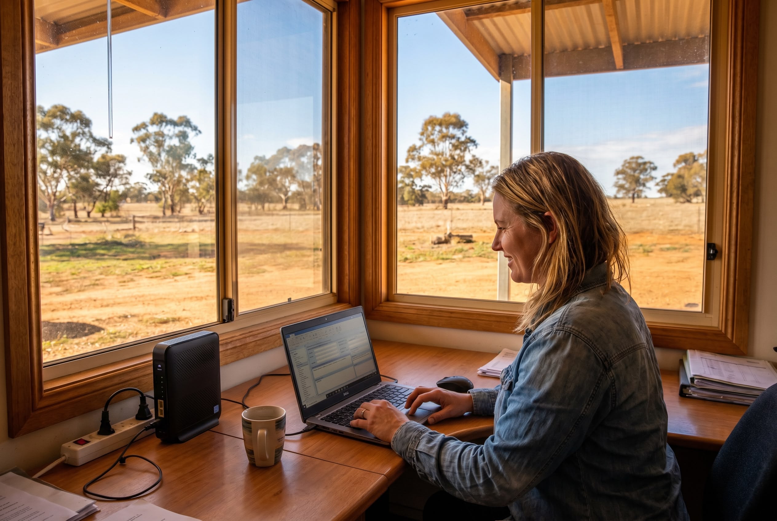 Rural Australian woman at farm-office desk with laptop healthcare admin software and gum trees through window