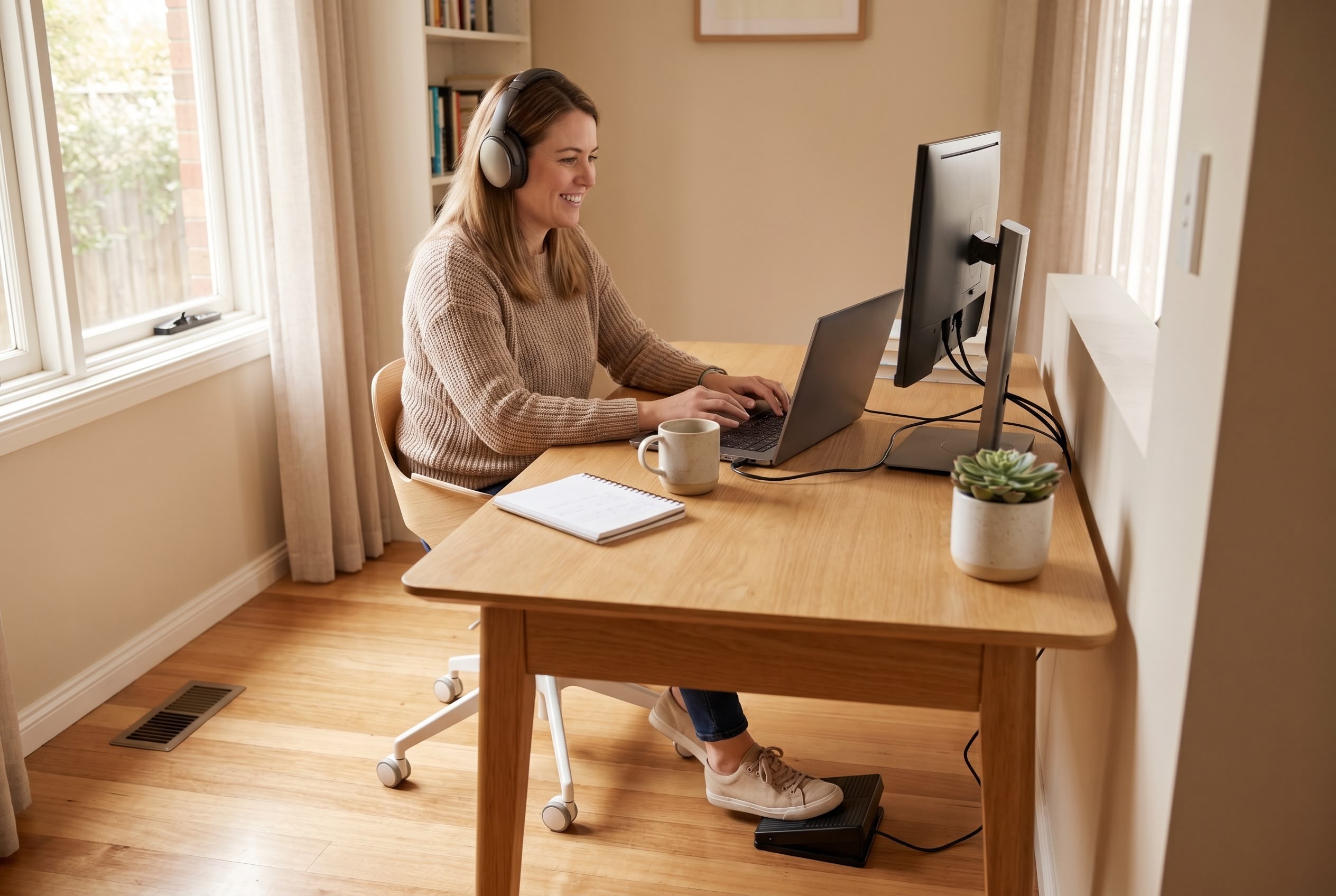 Starting a medical transcription business in Australia: home office setup Australian woman working as a self-employed medical transcriptionist from a home office. 11288NAT | TalentMed RTO 22151