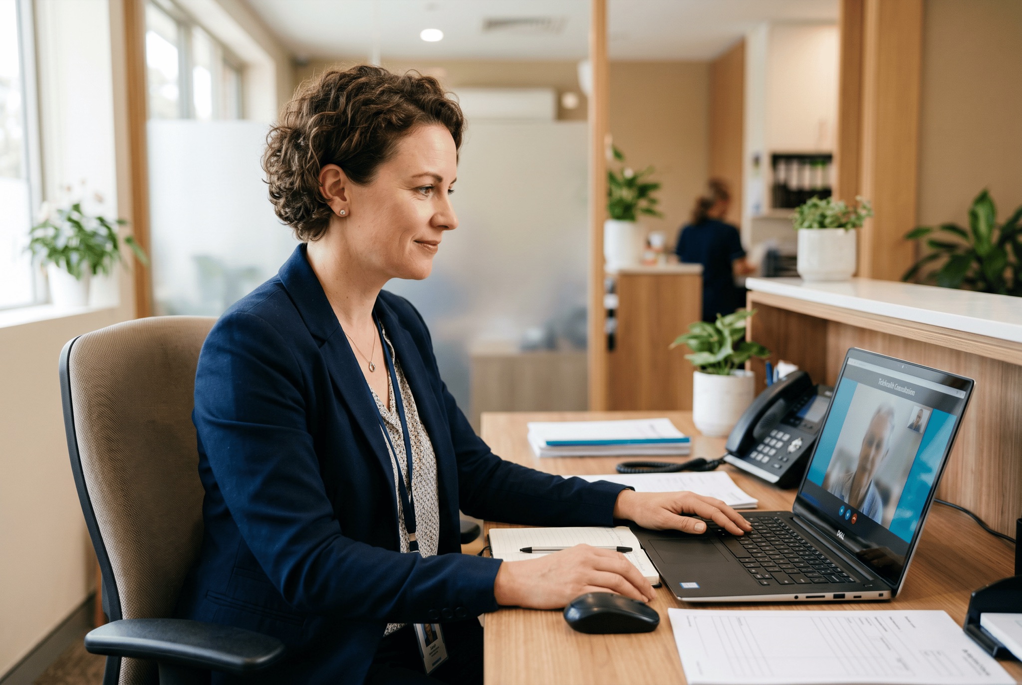 Telehealth in general practice — practice manager guide Practice manager at Australian GP clinic managing a telehealth consultation setup