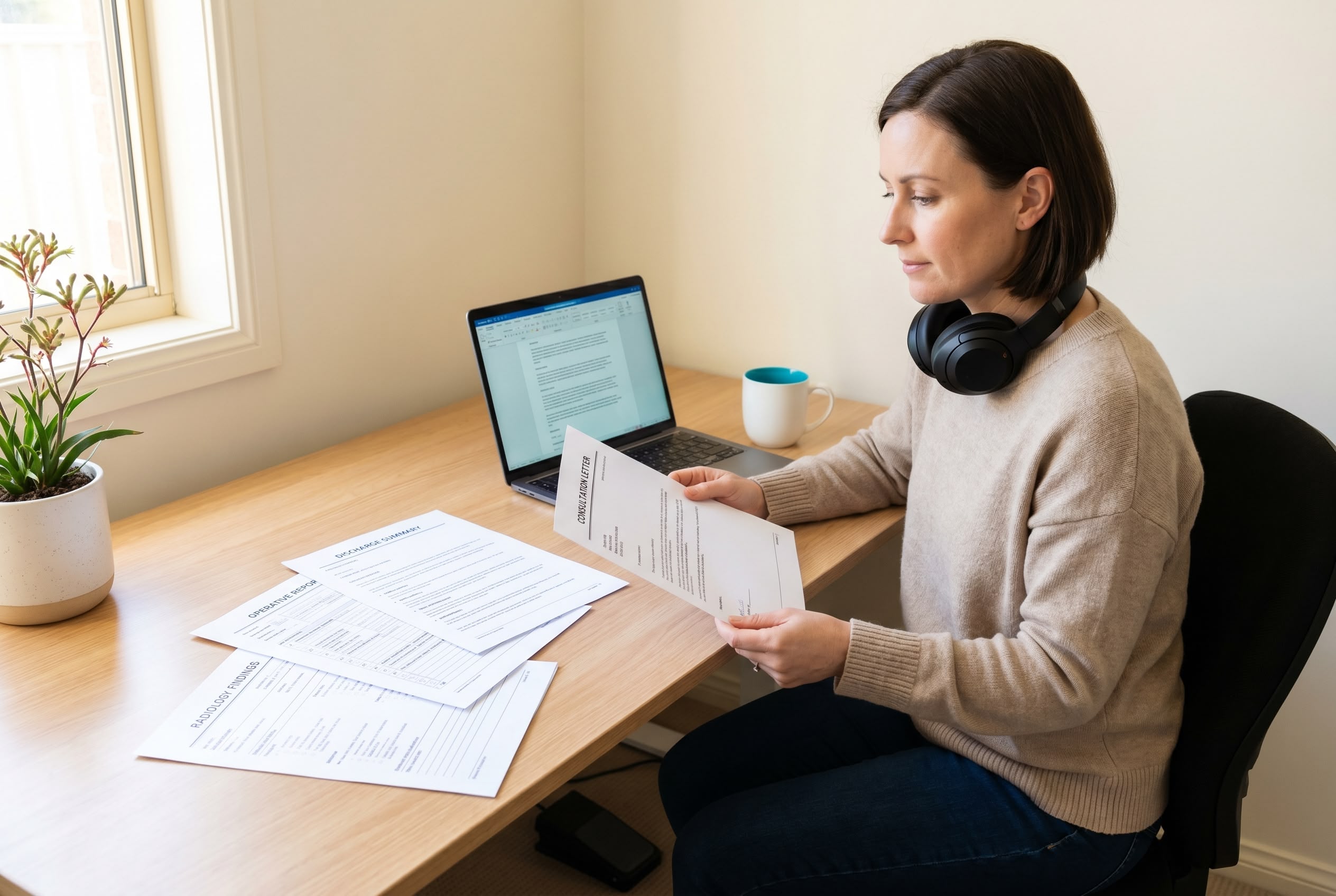 Types of medical reports transcribed in Australia Australian medical transcriptionist reviewing different medical report templates at her home office desk