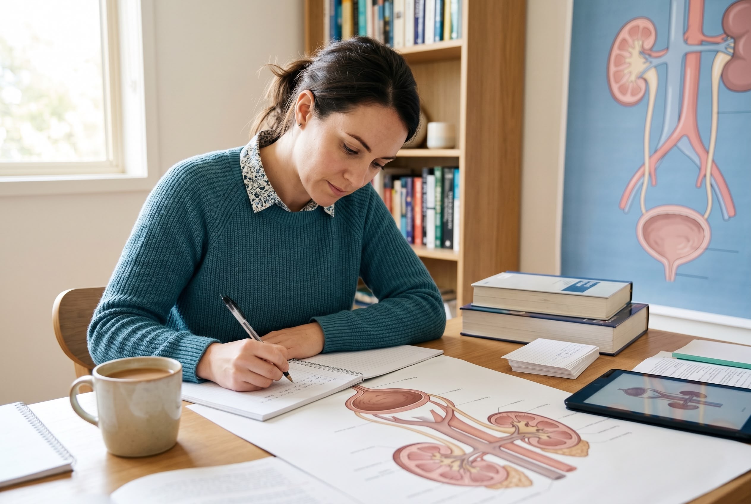 Urinary renal system medical terminology: healthcare study Healthcare student studying urinary and renal system medical terminology