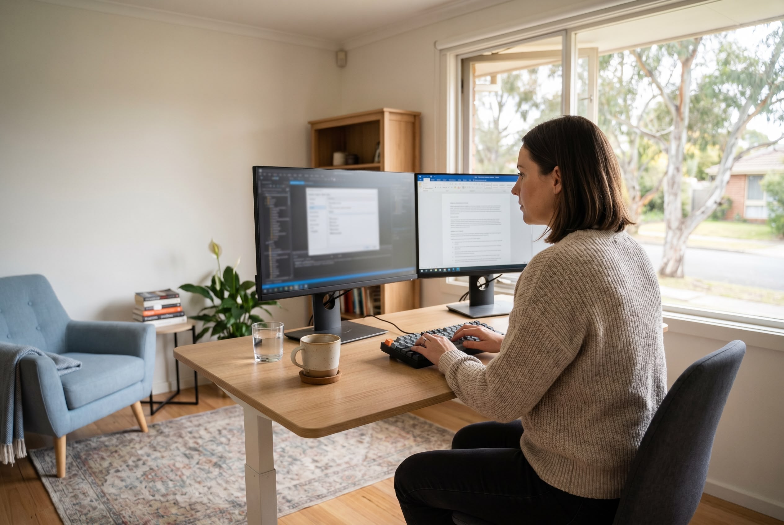 Australian woman working from home at a tidy modern dual-monitor desk in a bright suburban living area