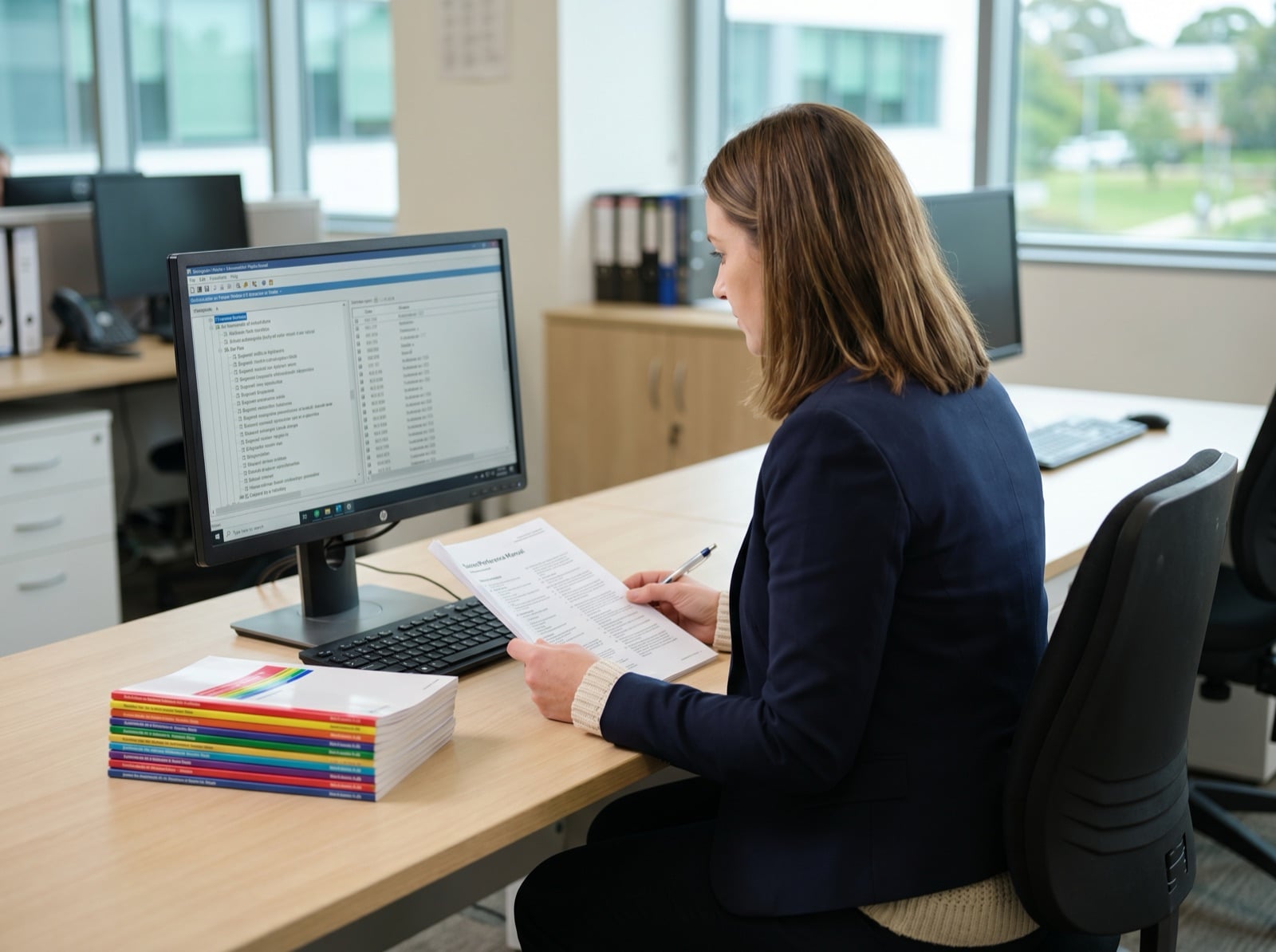 Australian clinical coder reviewing a medical classification lookup on screen with ICD-10-AM workbooks on the desk