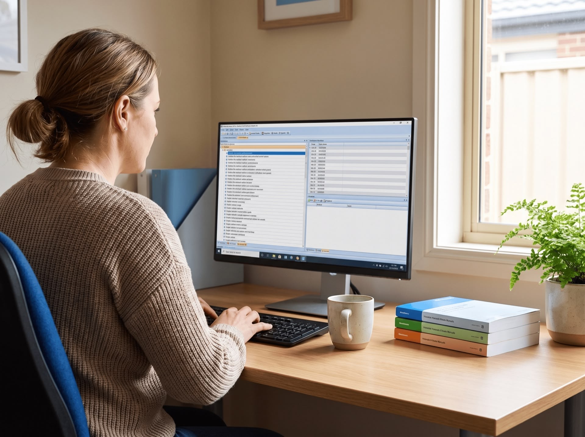 Australian clinical coder reviewing a patient record on screen while working from a home office
