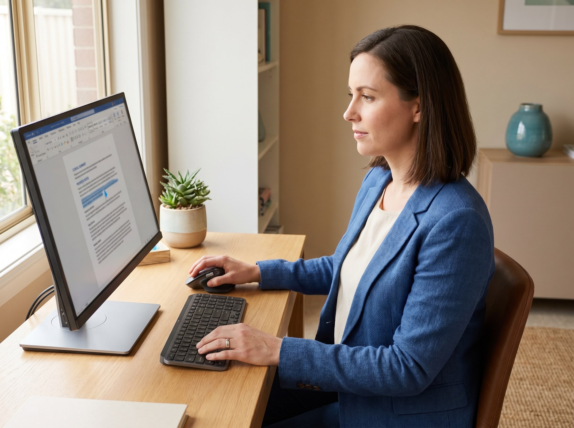 Australian healthcare documentation specialist reviewing and editing a clinical document on screen