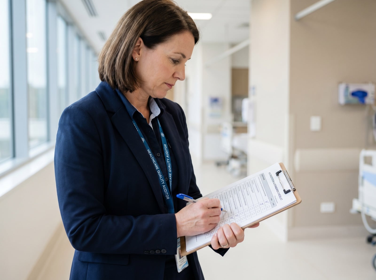 Australian healthcare quality auditor reviewing an NSQHS accreditation checklist on a clipboard in a hospital ward