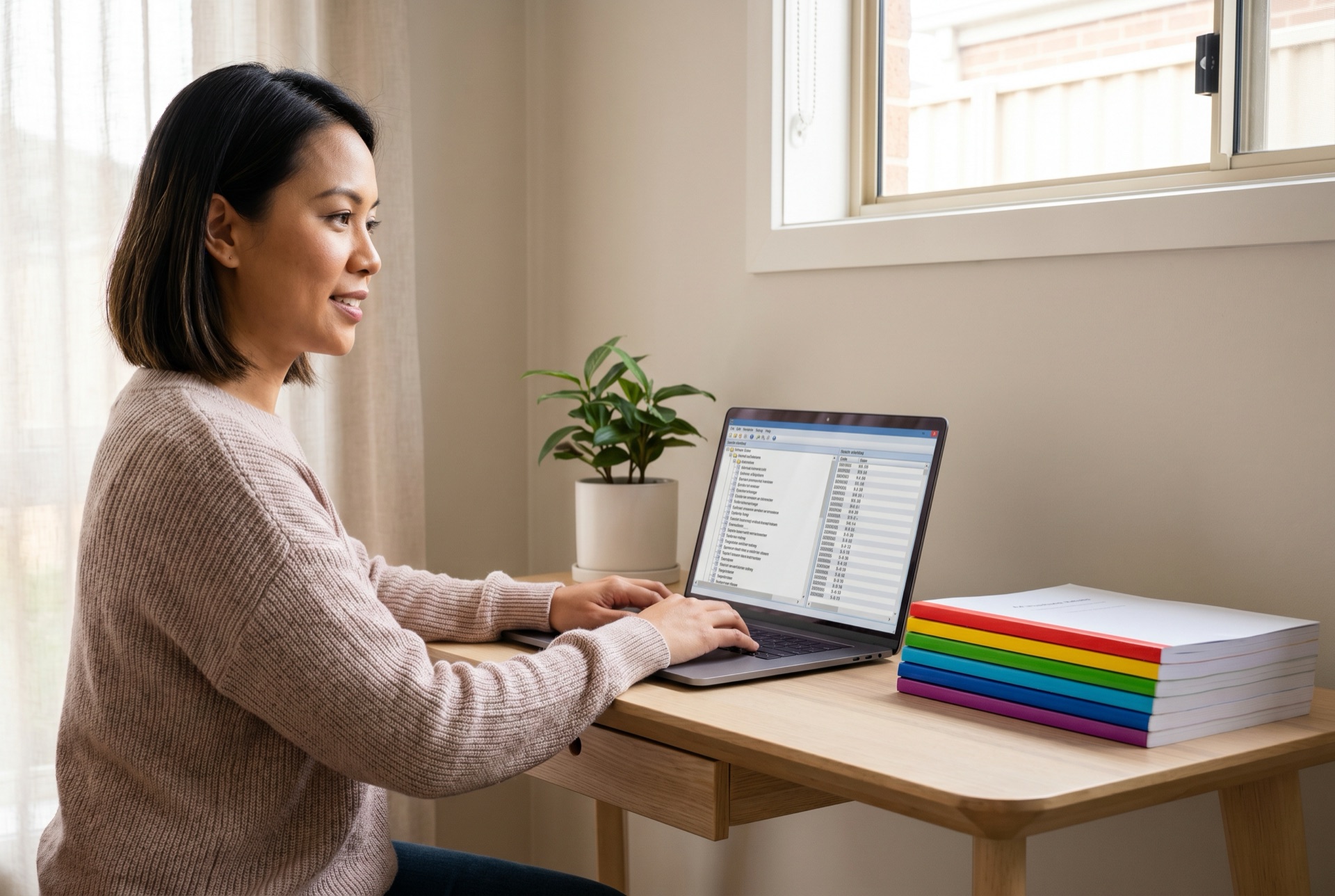 Medical coding courses in Australia Woman studying an online clinical coding course at home in Australia, with coding software on her laptop and classification workbooks on the desk