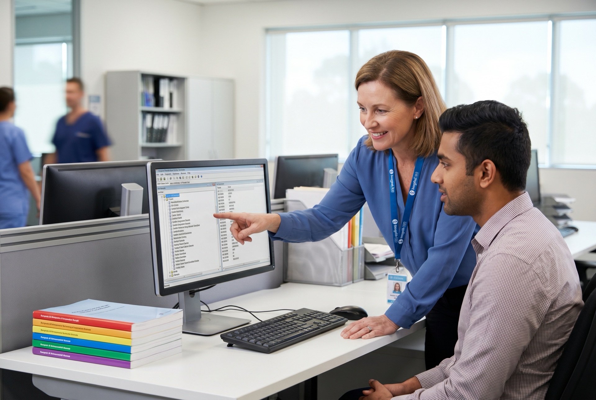 Senior clinical coder mentoring a trainee coder at a workstation in an Australian hospital health information office