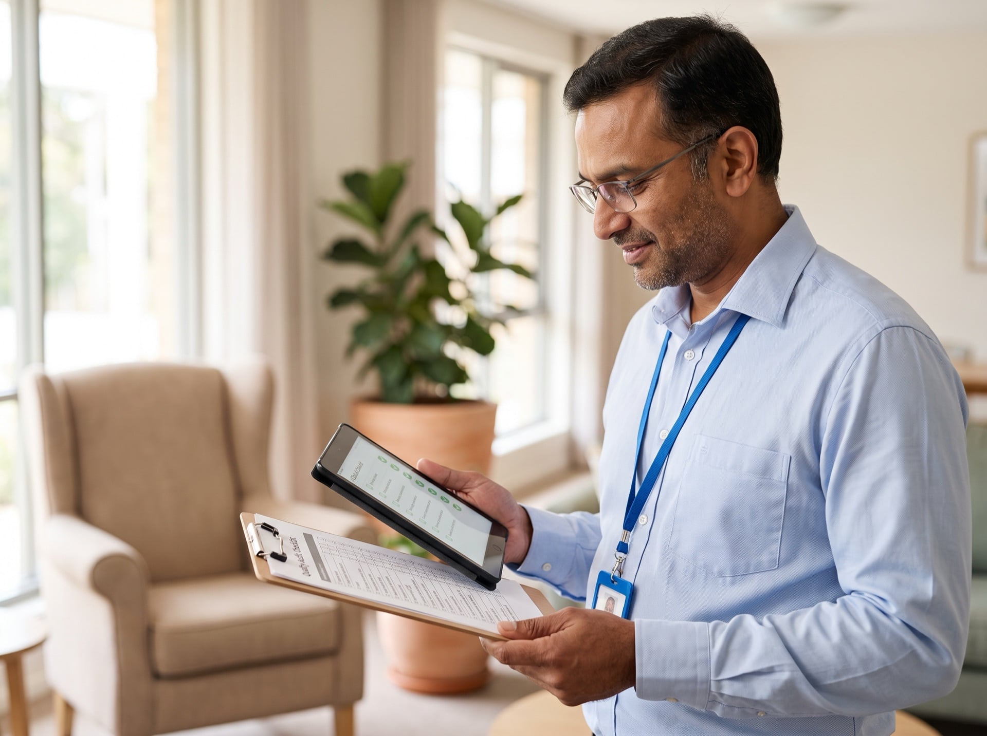 Healthcare quality auditor in an Australian aged care facility reviewing a quality-audit compliance checklist on a tablet and clipboard against the strengthened Aged Care Quality Standards