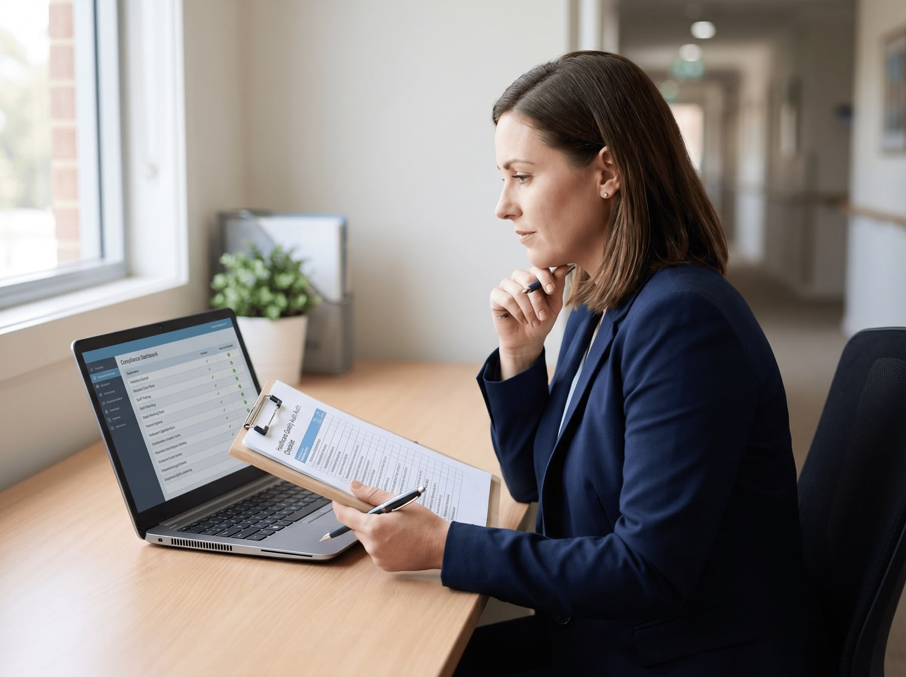 Healthcare quality auditor in an Australian aged care office reviewing a compliance checklist against the strengthened Aged Care Quality Standards