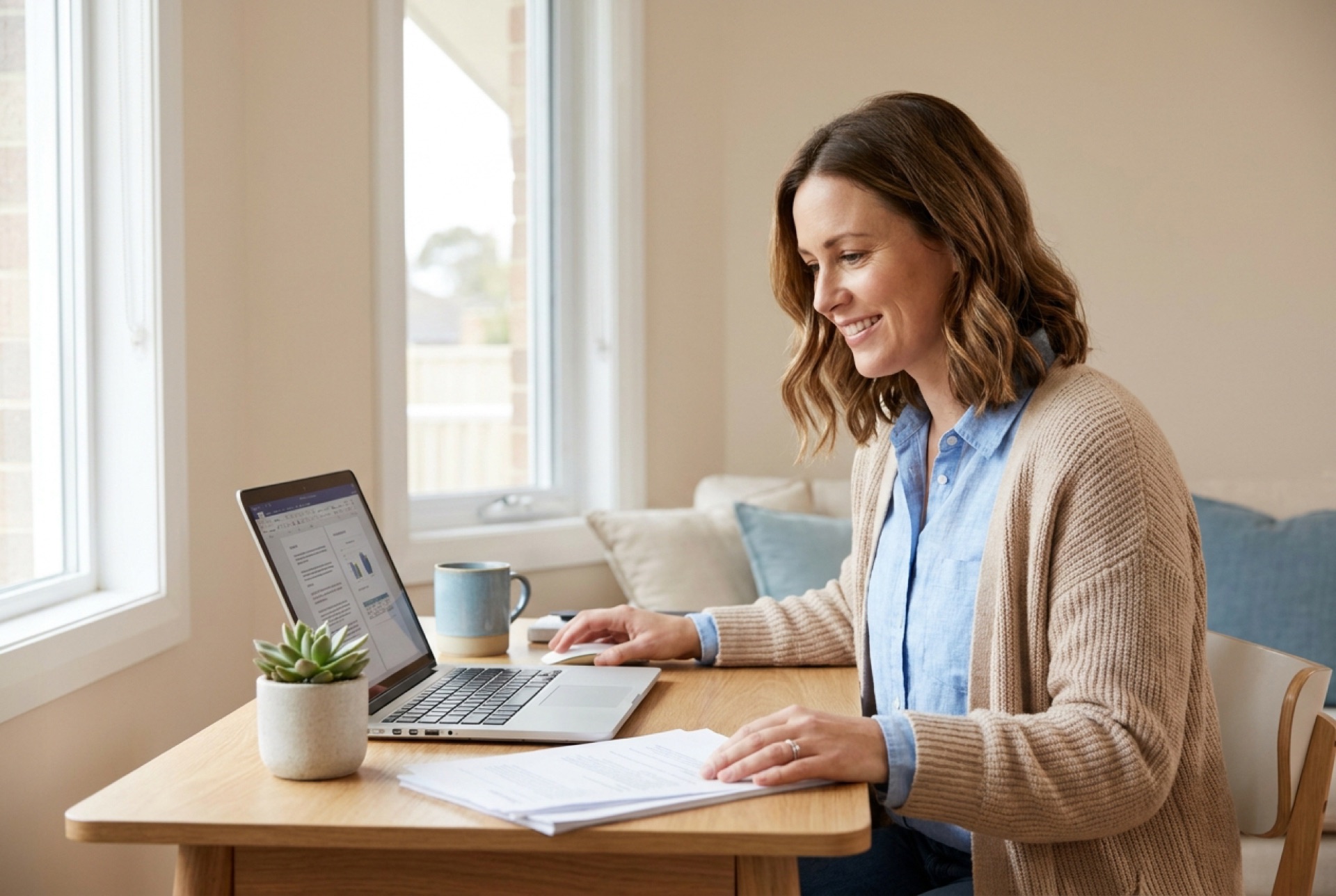 Career change into healthcare administration Woman working at a home office laptop after a career change into healthcare administration in Australia.