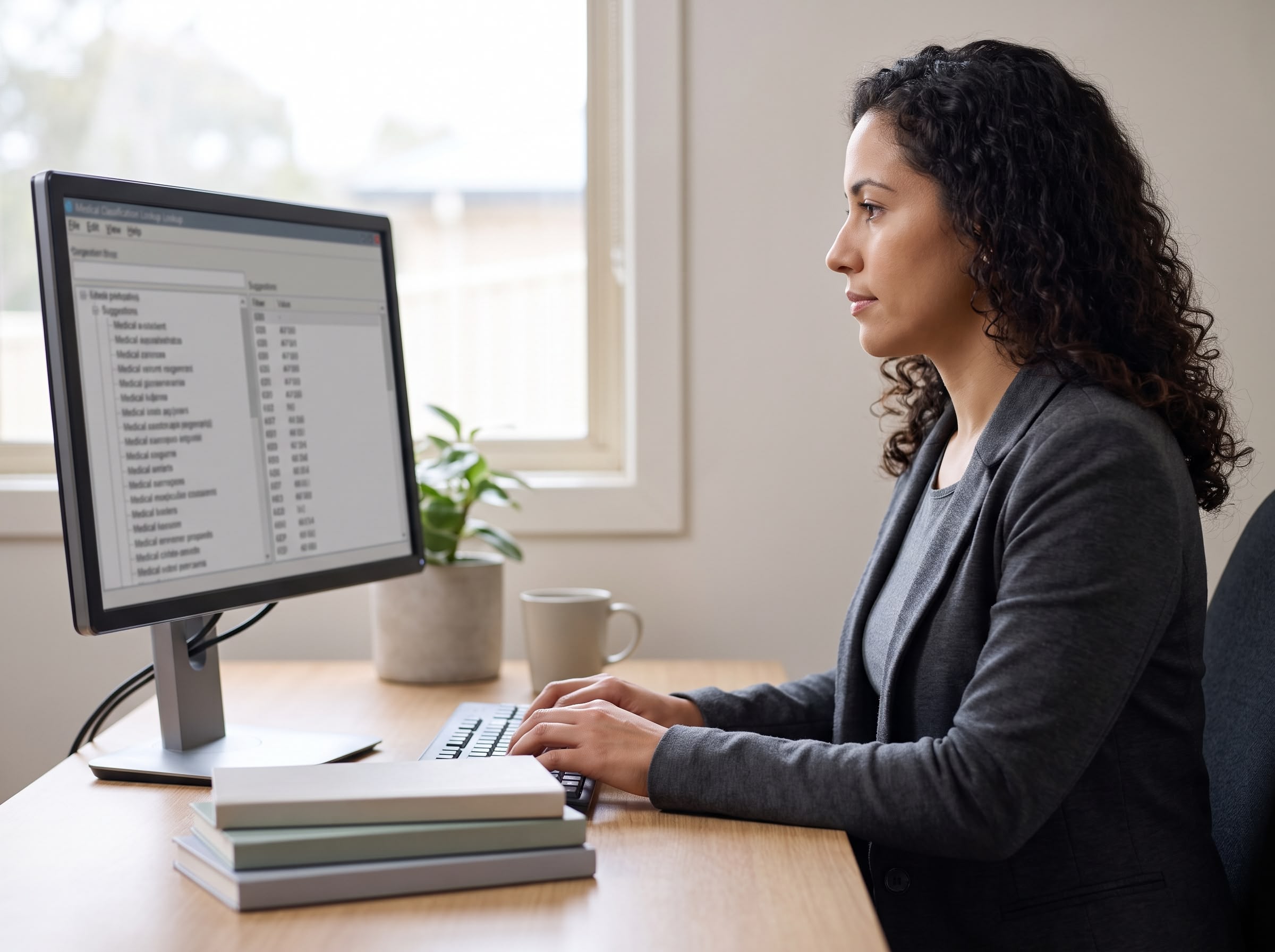 Clinical coder at her desk reviewing a medical classification lookup on screen, with coding reference books beside her keyboard