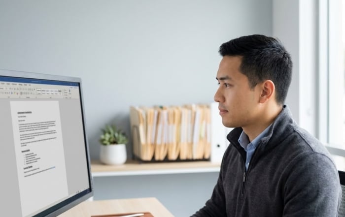 Healthcare documentation specialist reviewing a clinical letter on screen in an Australian medical records office