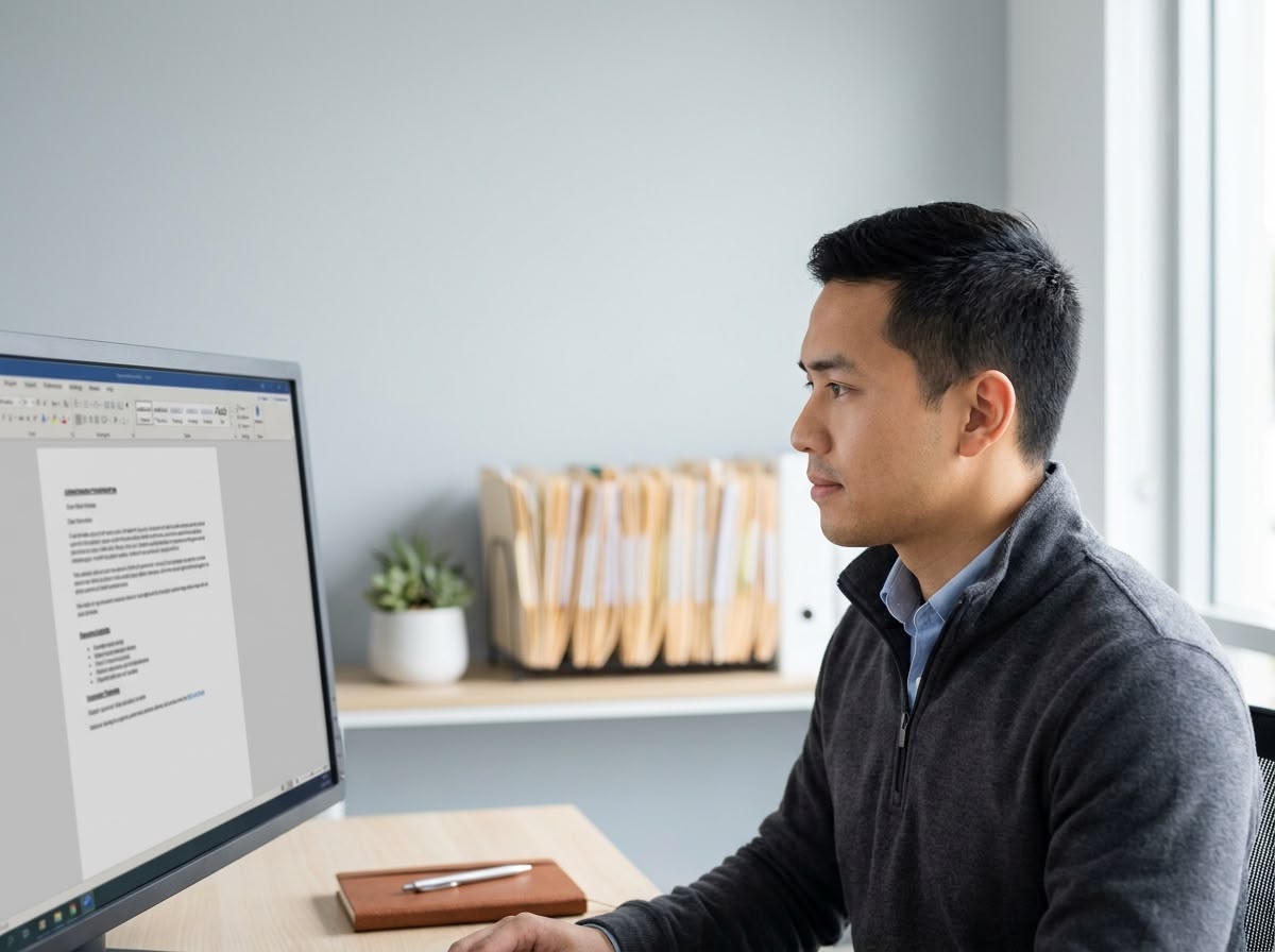 Healthcare documentation specialist reviewing a clinical letter Healthcare documentation specialist reviewing a clinical letter on screen in an Australian medical records office