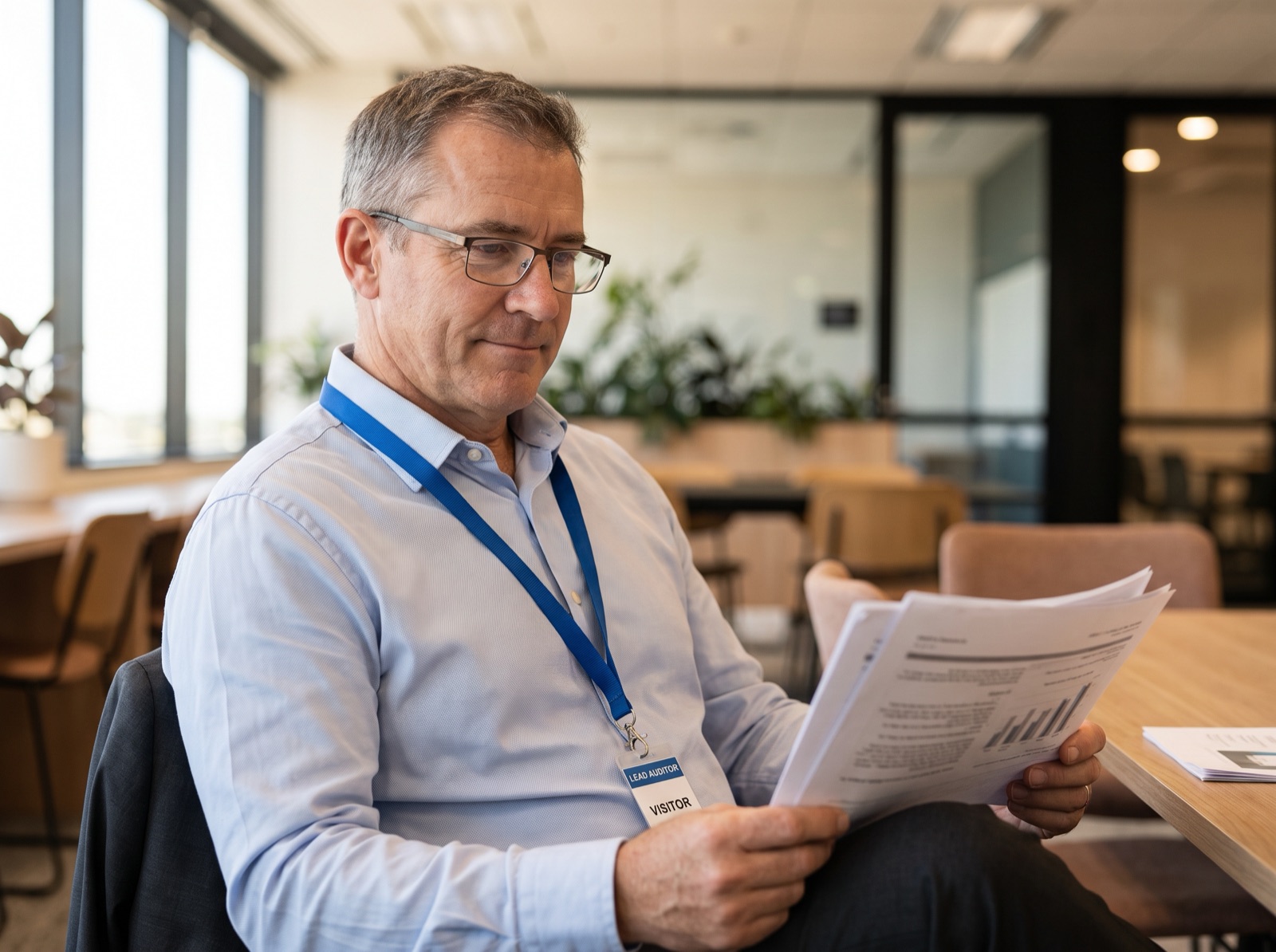 Experienced lead auditor in an Australian office reviewing an audit report