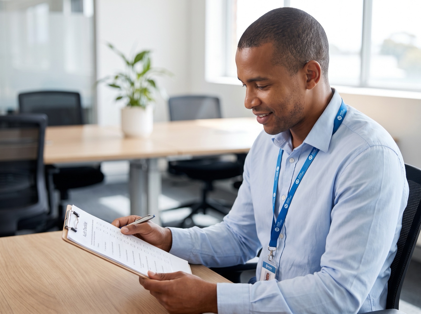 Quality auditor completing an audit checklist Quality auditor in an Australian office completing an audit checklist on a clipboard during an NDIS audit cycle