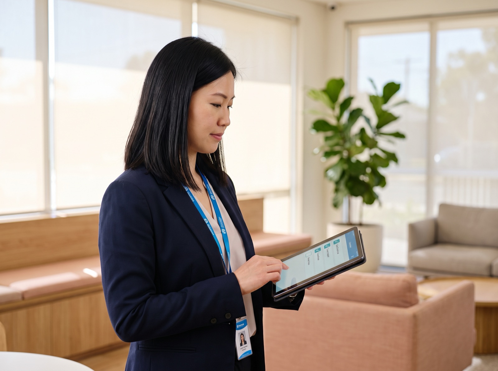 NDIS quality auditor reviewing a compliance checklist Quality auditor in an Australian disability-services office reviewing an NDIS compliance checklist on a tablet