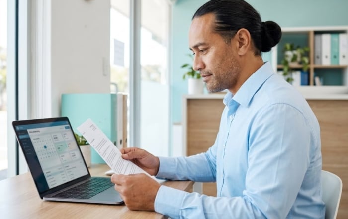 A practice manager reviews a compliance document at a laptop in an Australian general practice office