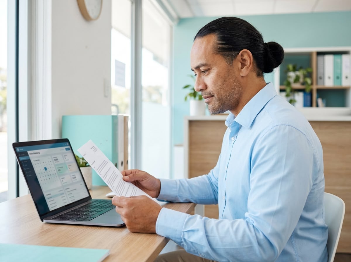 A practice manager reviews a compliance document at a laptop in an Australian general practice office
