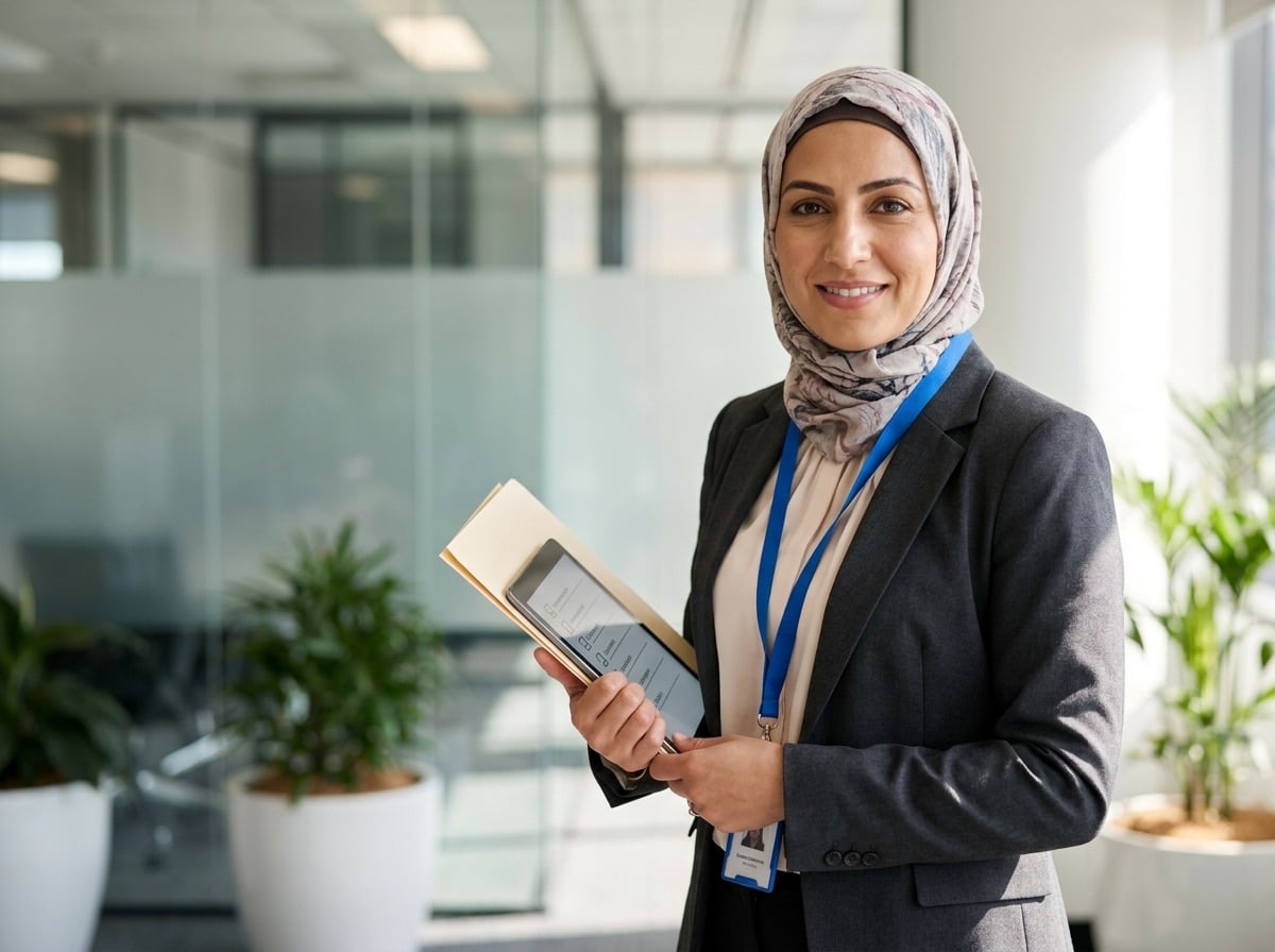 Quality auditor in a modern Australian workplace Confident quality auditor holding a folder and tablet in a modern Australian office, representing auditing careers across sectors