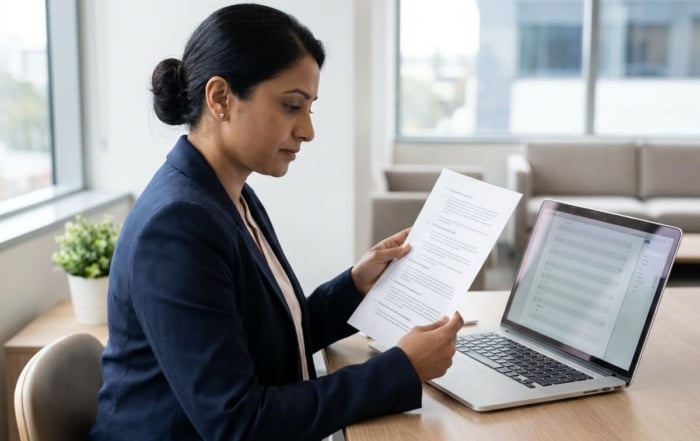 Quality auditor reviewing a printed procedure document against an audit checklist on a laptop in an Australian office