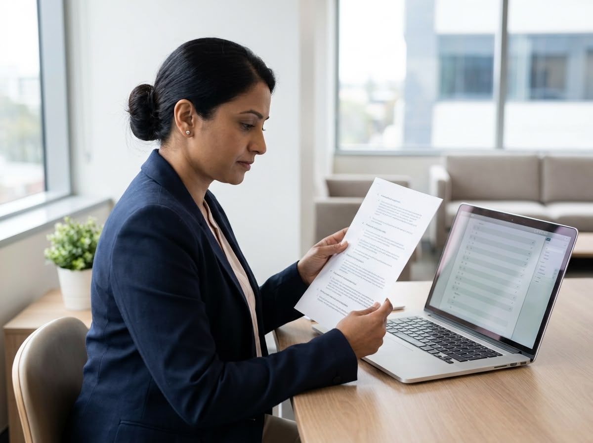 ISO 9001 2026 update quality auditor review Quality auditor reviewing a printed procedure document against an audit checklist on a laptop in an Australian office