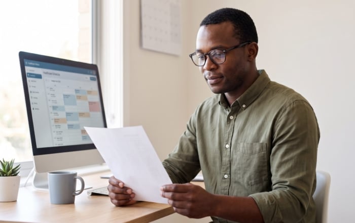 Practice manager at a desk in an Australian medical practice reading a printed insurer audit request for patient records