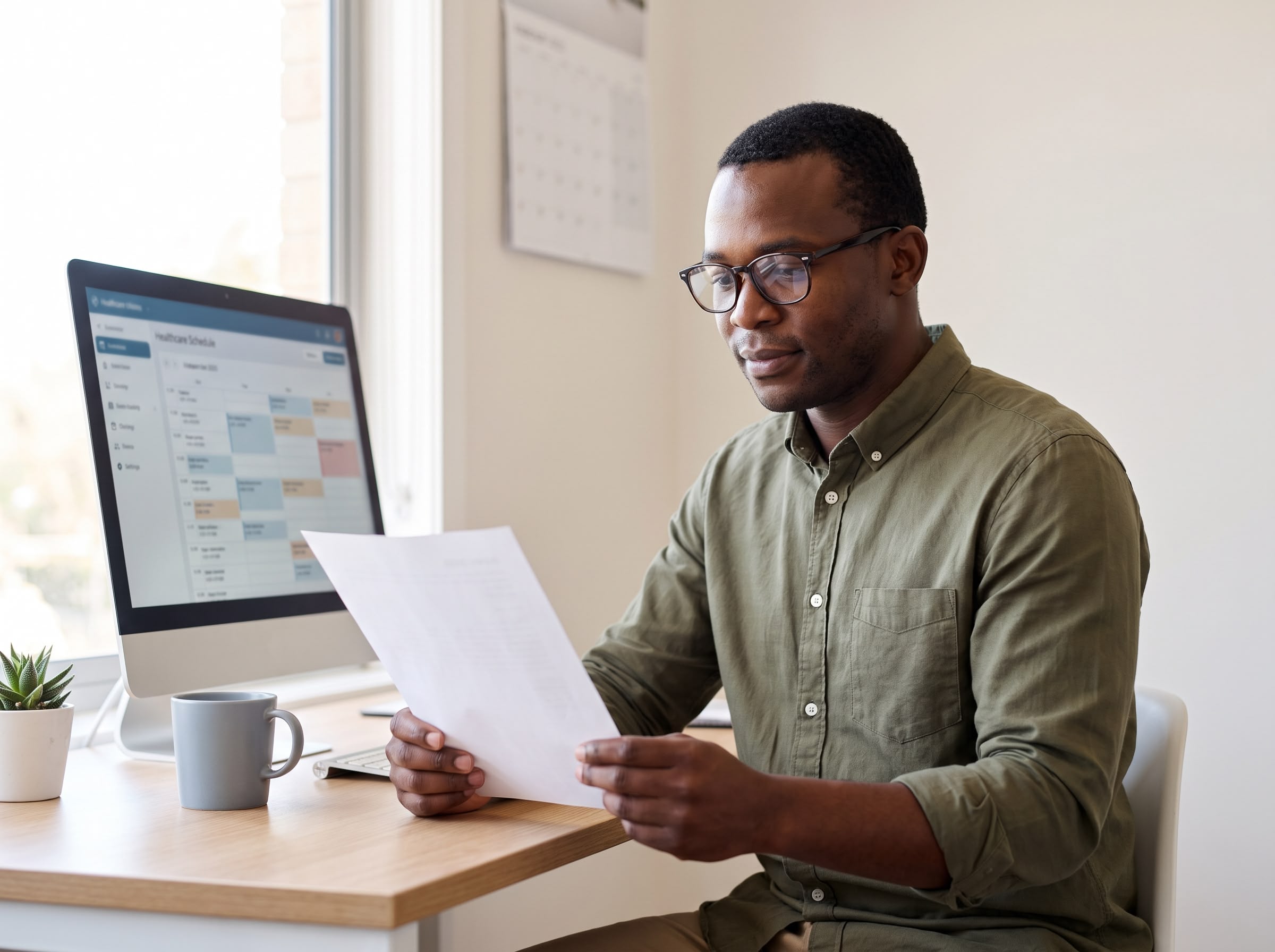 Practice manager at a desk in an Australian medical practice reading a printed insurer audit request for patient records