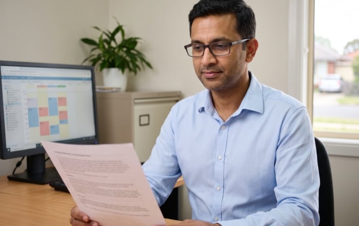 Practice manager in an Australian general practice office reading a printed page beside a monitor showing a clinic appointment schedule