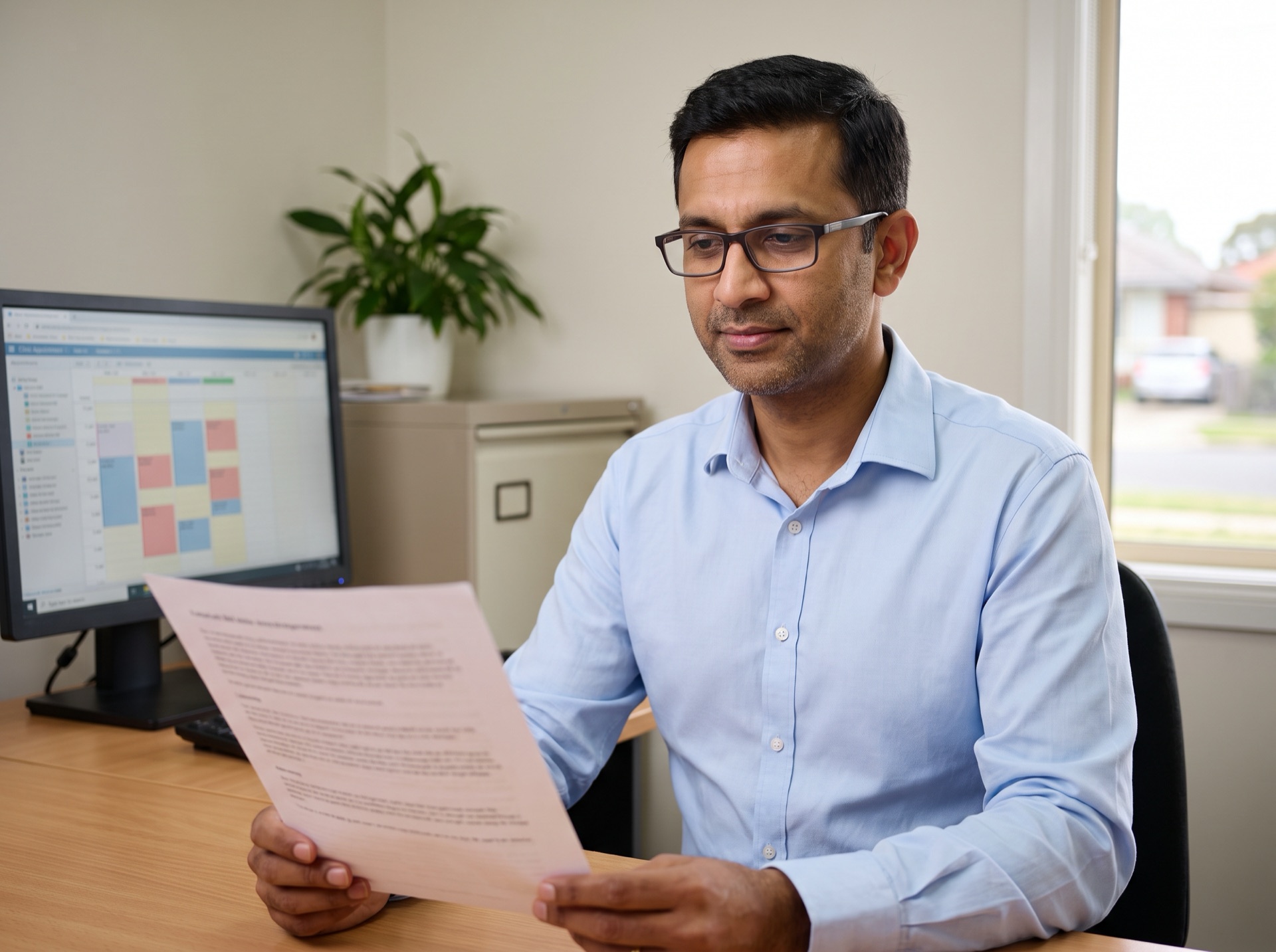 Practice manager in an Australian general practice office reading a printed page beside a monitor showing a clinic appointment schedule