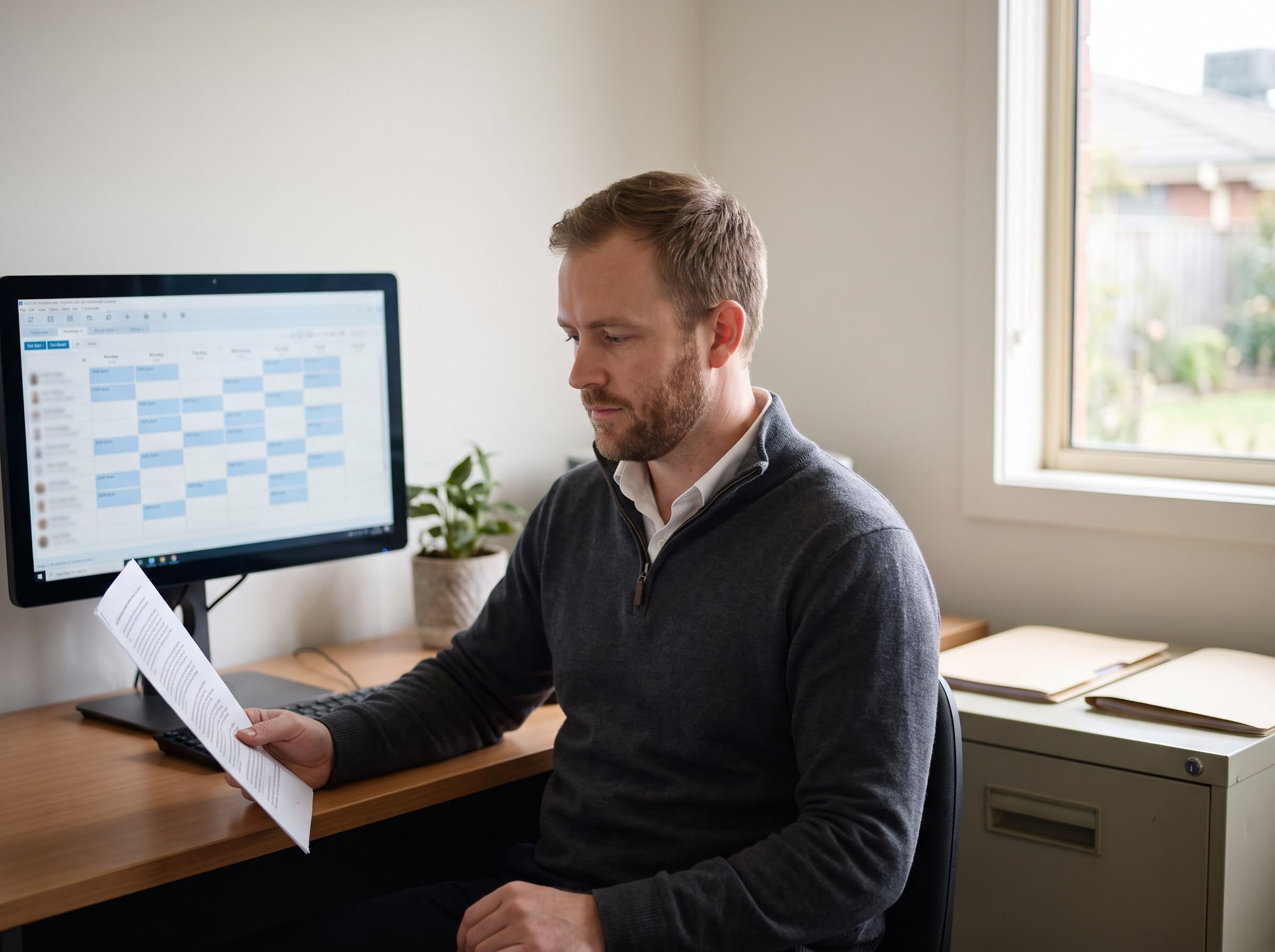 Aged care quality coordinator checking a printed staffing record against a rostering system before the care minutes audit