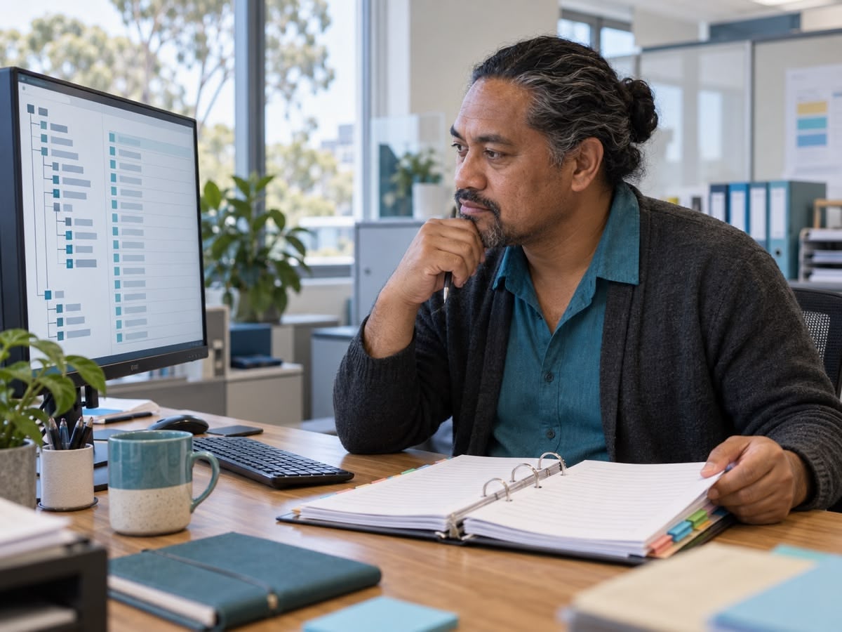 Experienced Australian clinical coder reviewing a classification hierarchy and reference binder ahead of the ICD-10-AM Fourteenth Edition changeover.