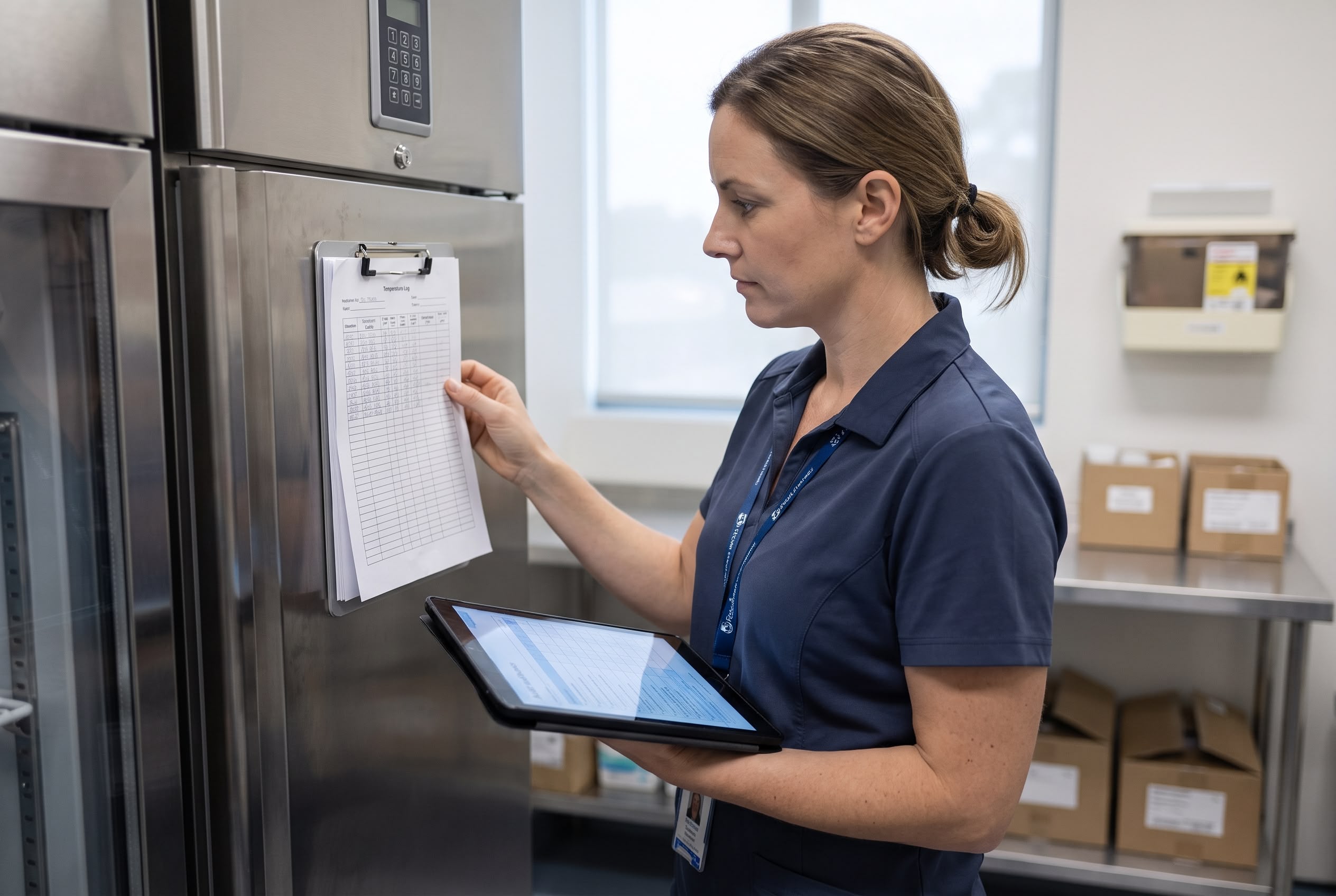 Healthcare internal audit: medicine fridge temperature log check Quality coordinator checking a medicine fridge temperature log during an internal audit in an Australian hospital ward.