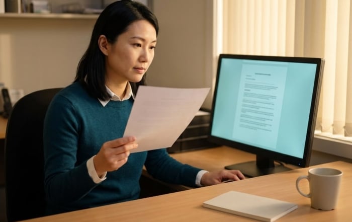 Health information professional comparing a printed clinical letter against the same document on screen in an Australian hospital office