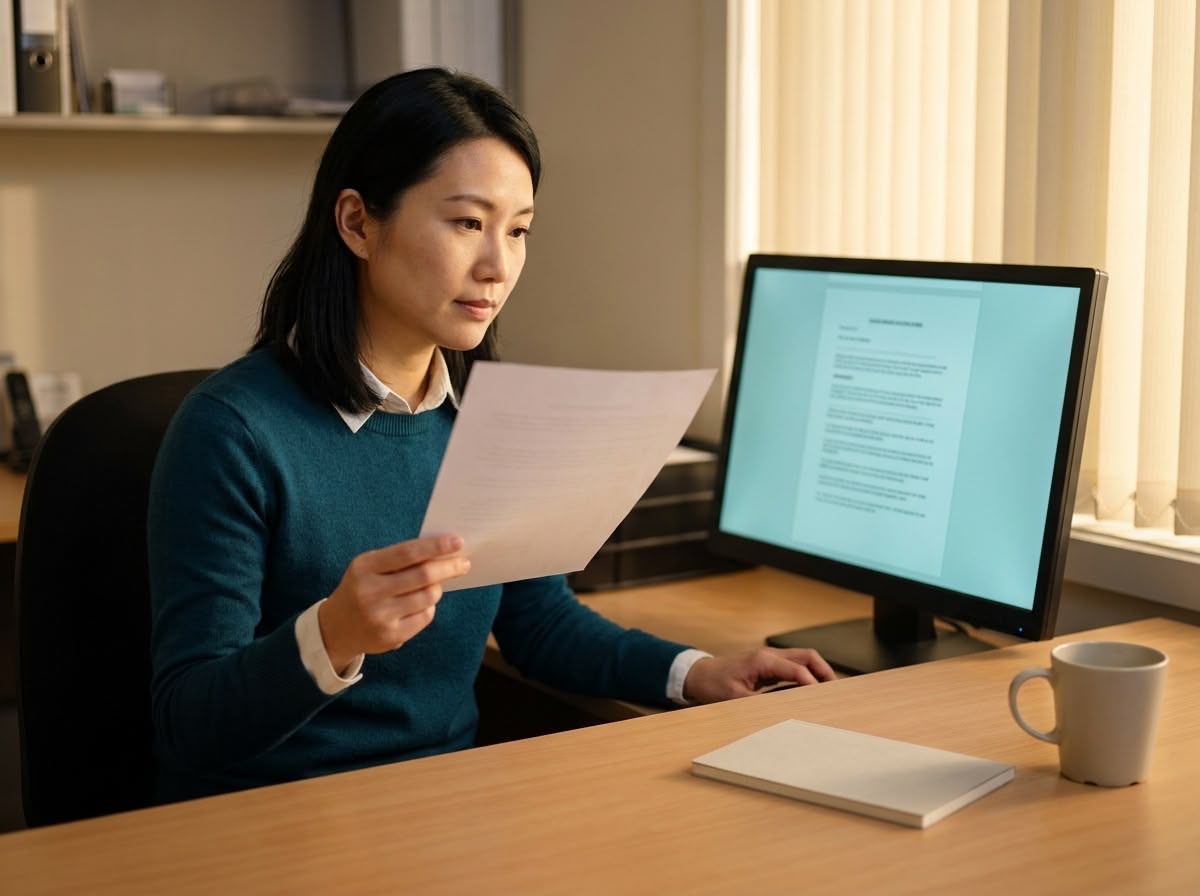 Health information professional comparing a printed clinical letter against the same document on screen in an Australian hospital office