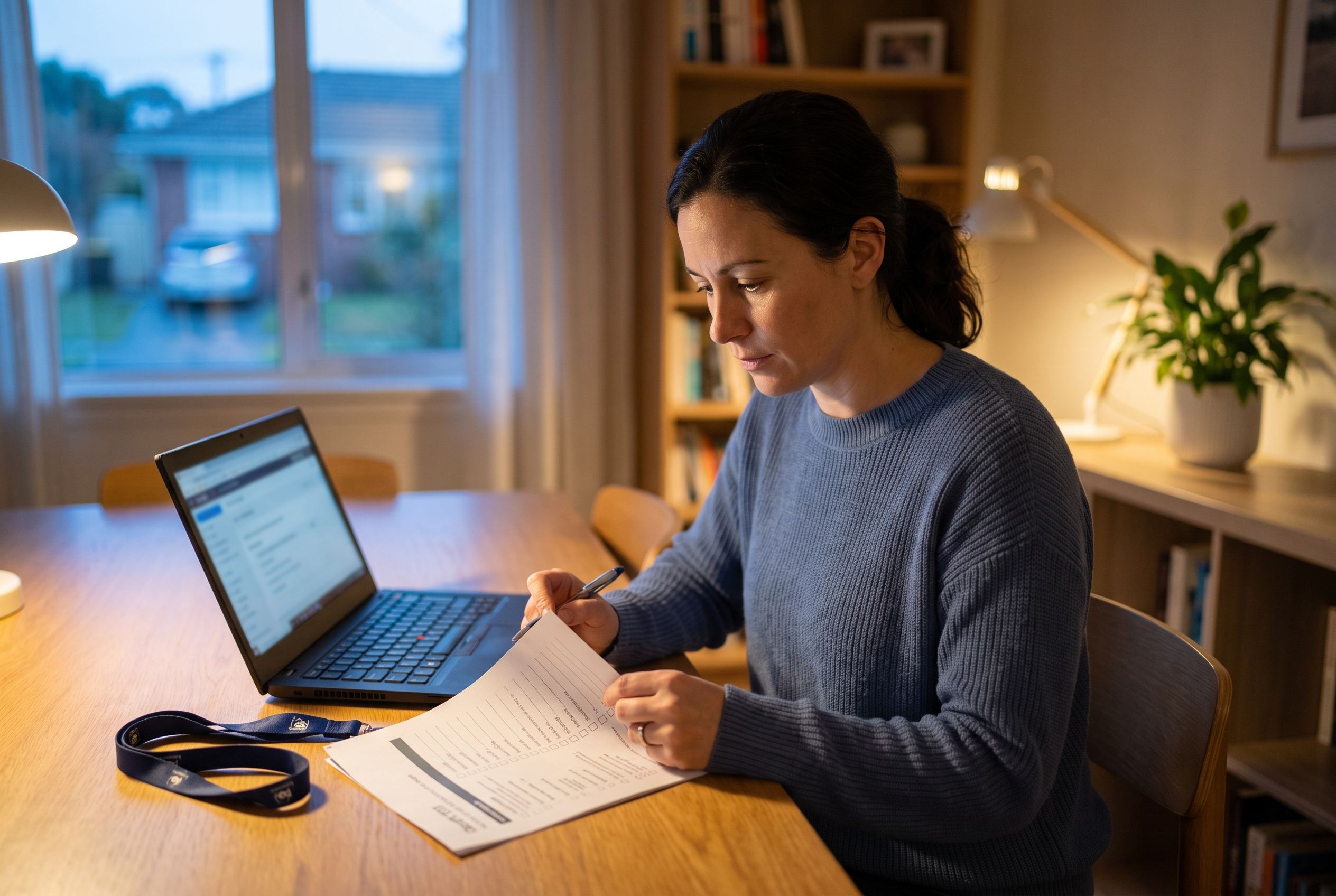 Studying quality auditing online in the evening while working An adult learner studying an online quality auditing course at a home table in the evening, with an audit checklist beside the laptop
