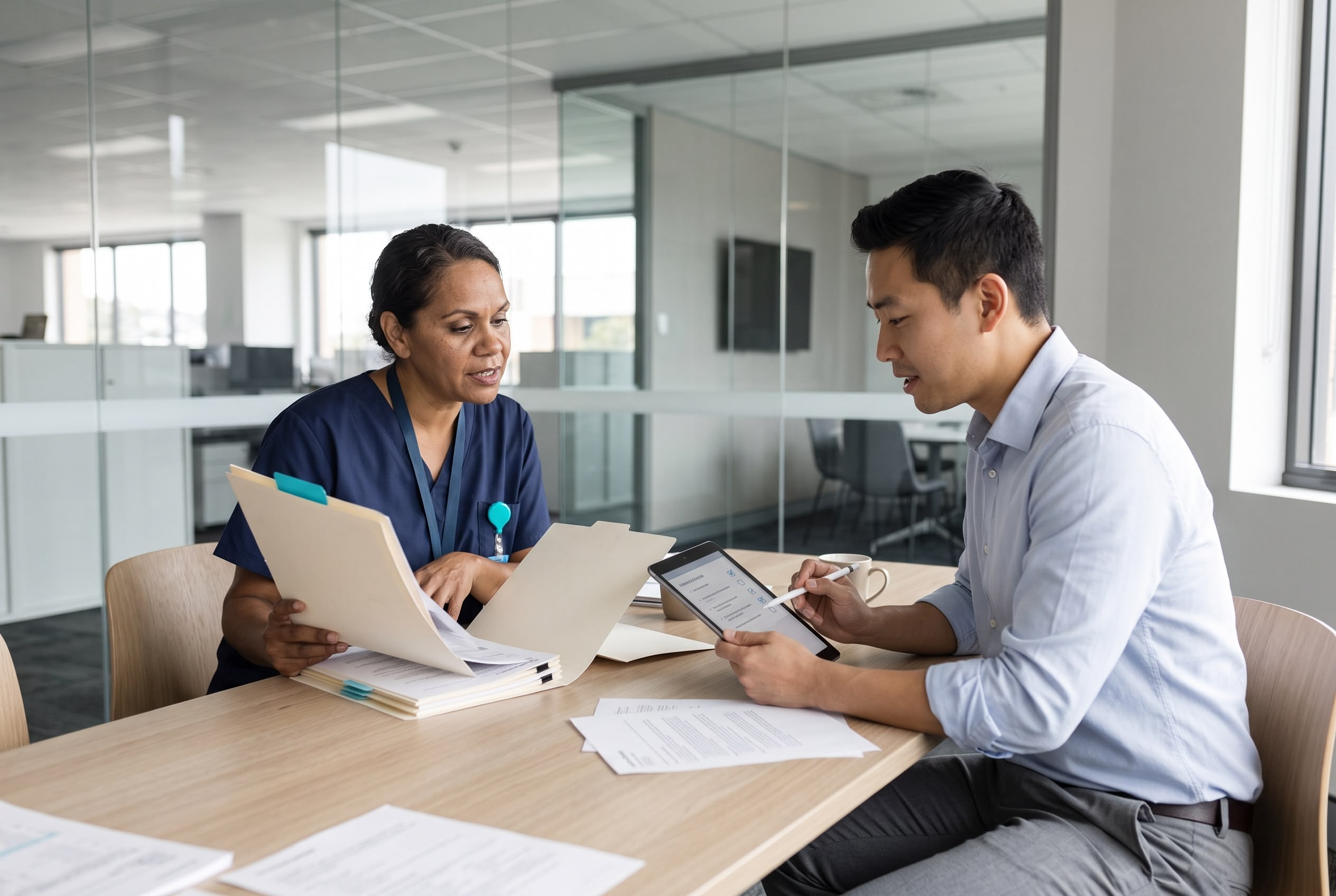 Compliance vs quality auditing: two healthcare professionals reviewing documents Two healthcare professionals reviewing policy documents and an audit checklist together in a hospital office