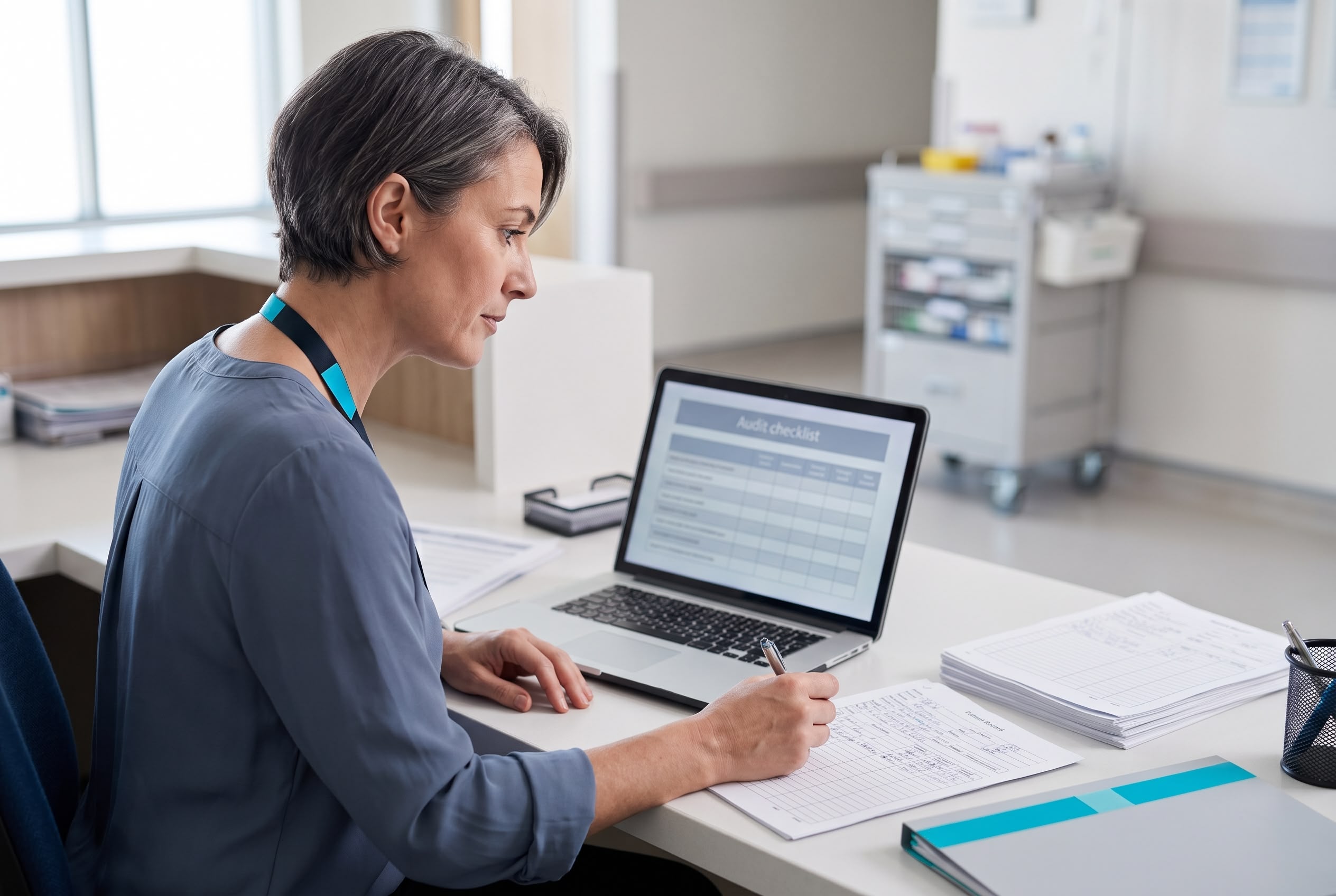 A hospital quality coordinator compares a patient record with an audit checklist on a laptop beside a nurses station.