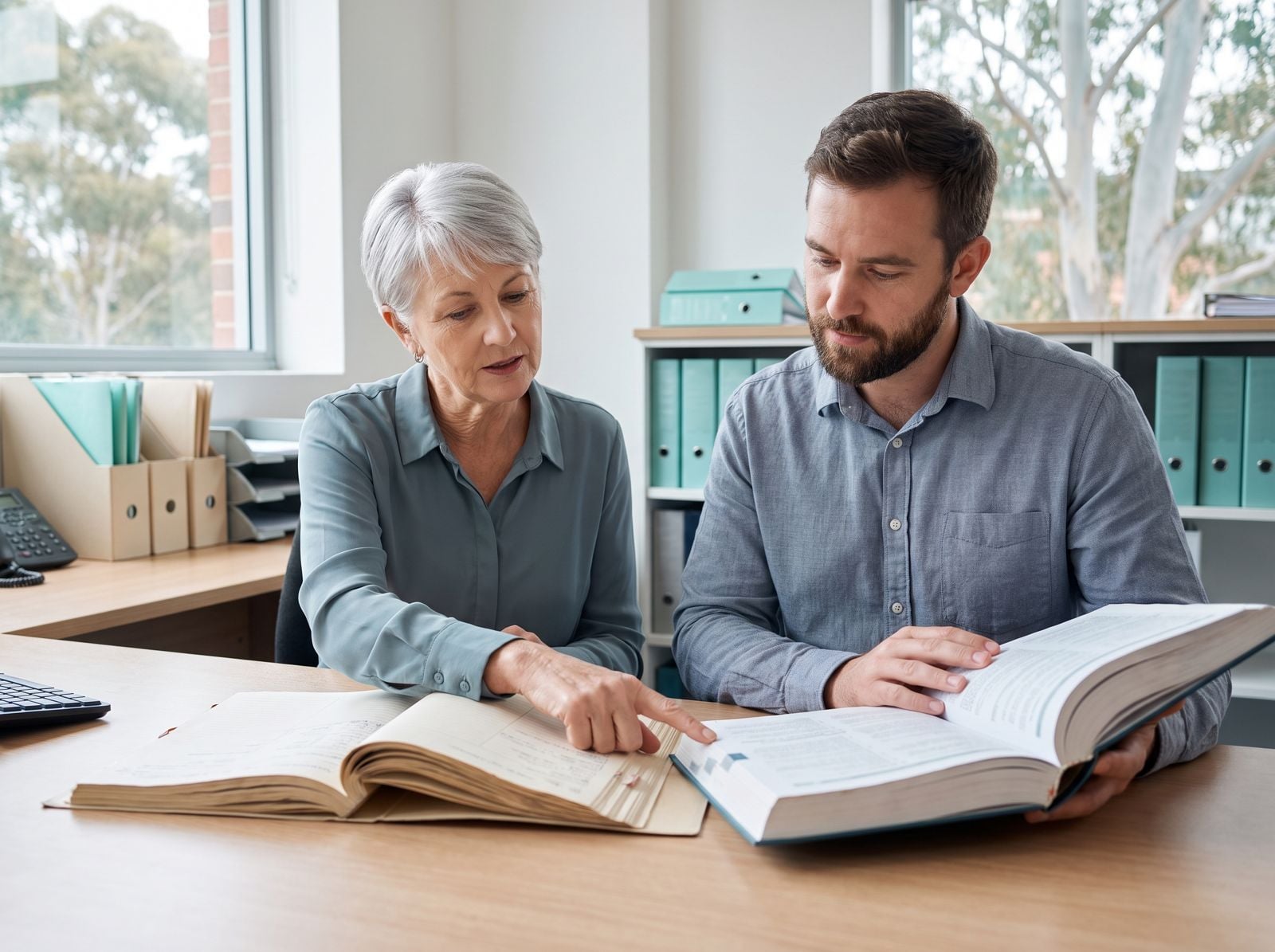 Clinical coding audit review Two staff checking a paper record against a coding reference book, a manual step in a clinical coding audit