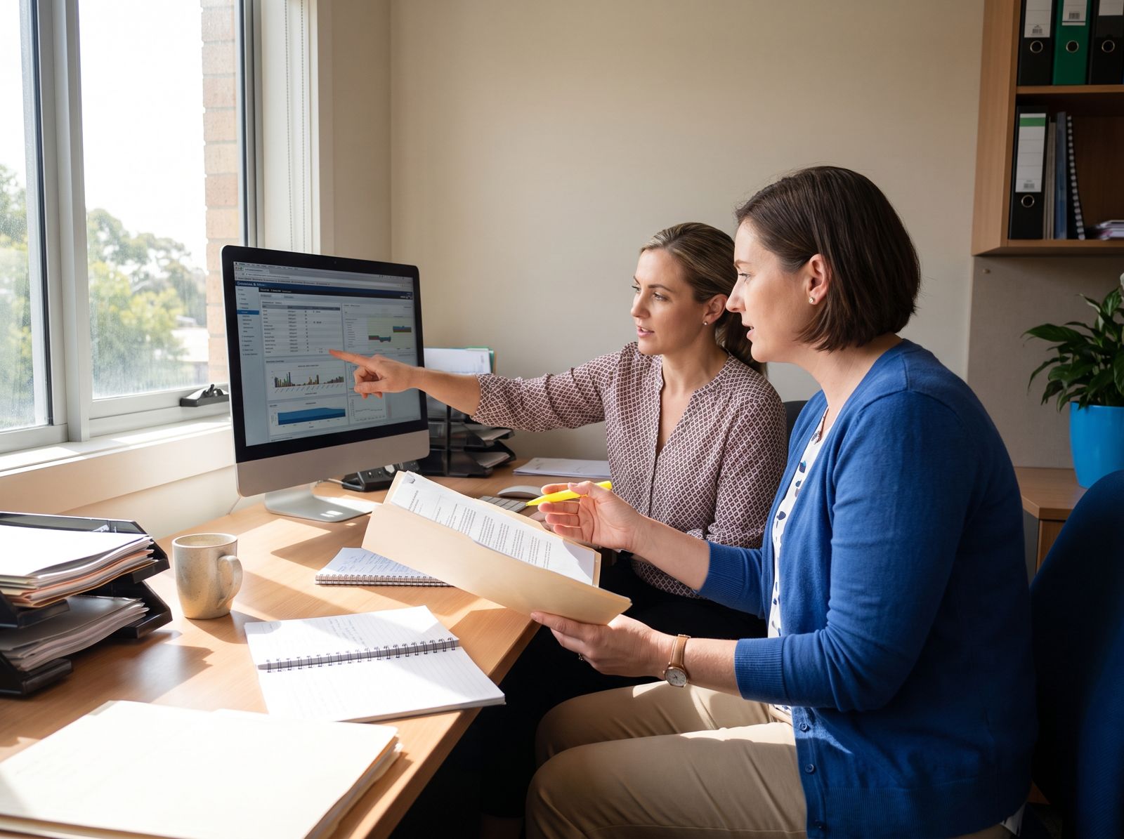 Clinical coding audit review Two staff comparing a printed record with a report on screen, a routine step in the clinical coding audit process