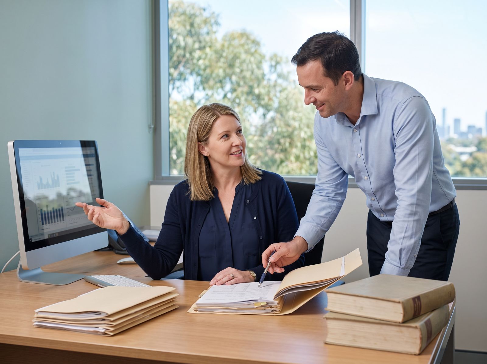 Clinical documentation improvement in an Australian hospital Two colleagues reviewing an open medical record together, the kind of conversation behind clinical documentation improvement