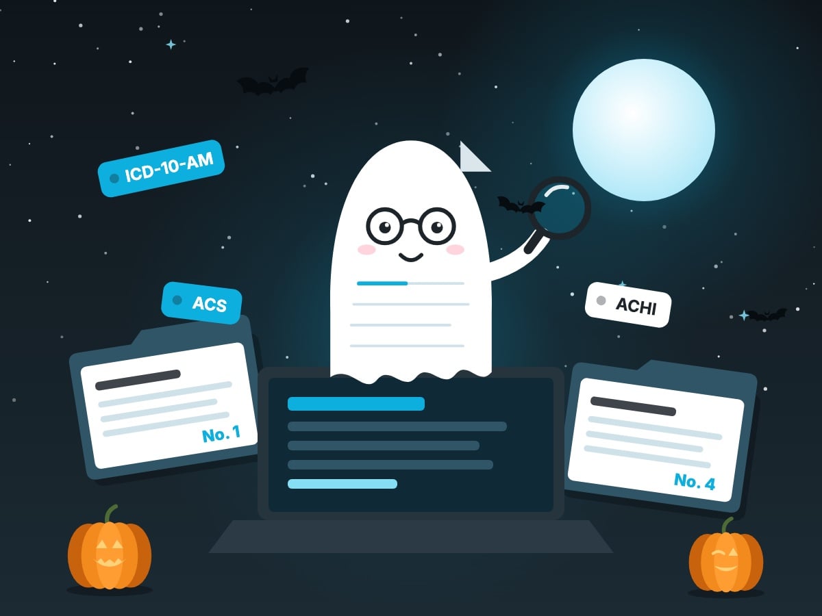 Paper record ghost with a magnifying glass rises from a laptop under a full moon beside ICD-10-AM, ACHI and ACS tags.
