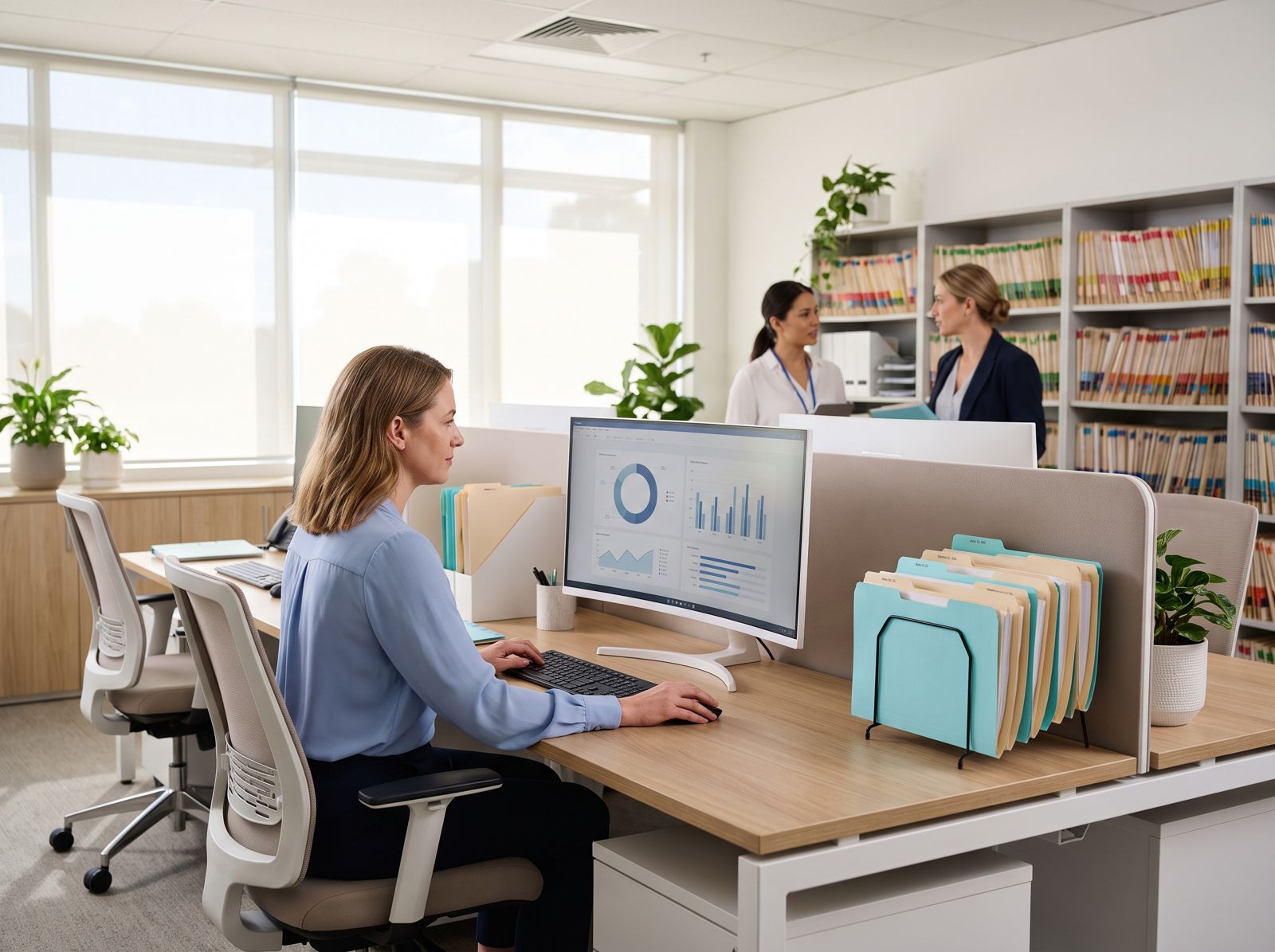 Health information management office A trainee reviewing record data on a modern monitor in a bright office, typical of work after a health information management course