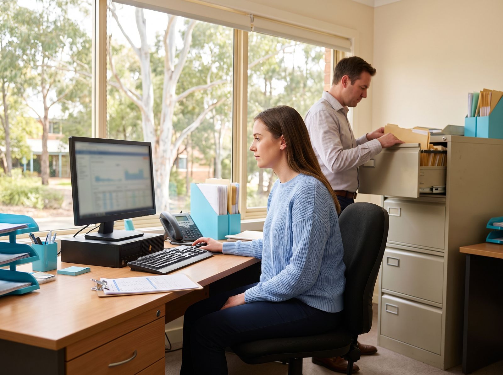 Staff working with records in a bright hospital office, a common workplace after a health information management degree
