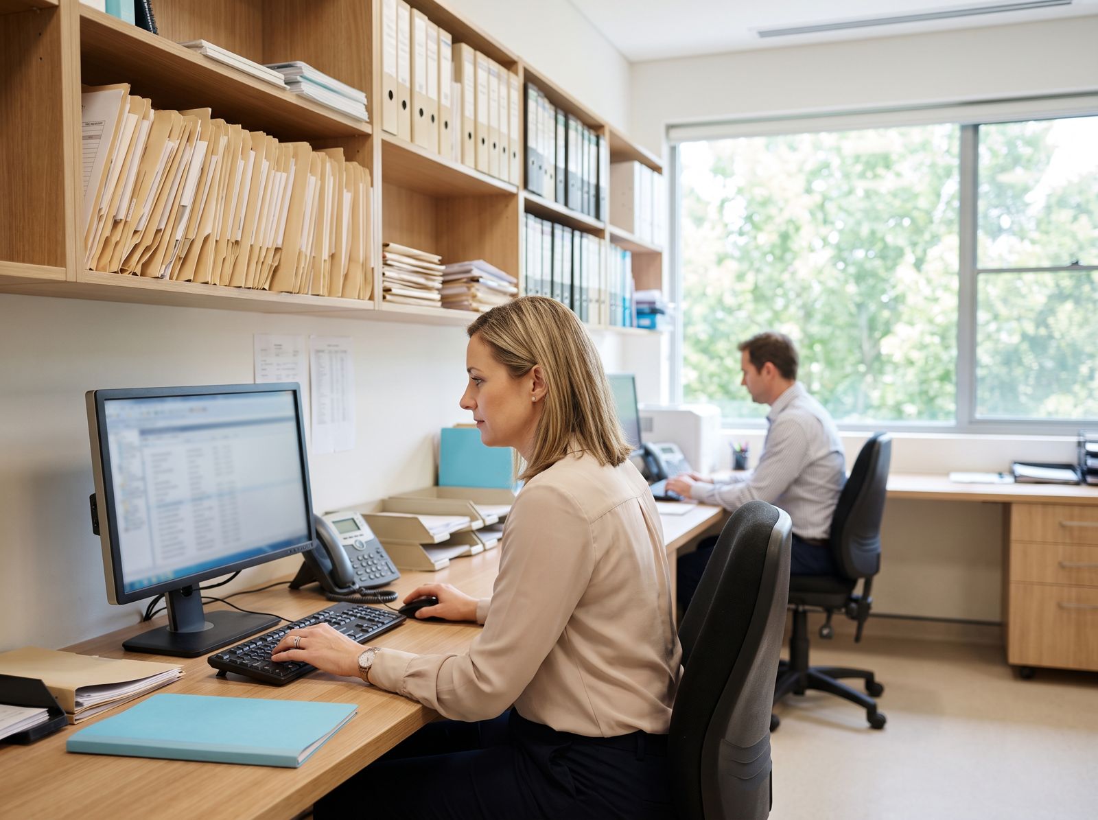 Health information manager reviewing patient records Woman working at a computer in a hospital health information management office lined with paper record folders